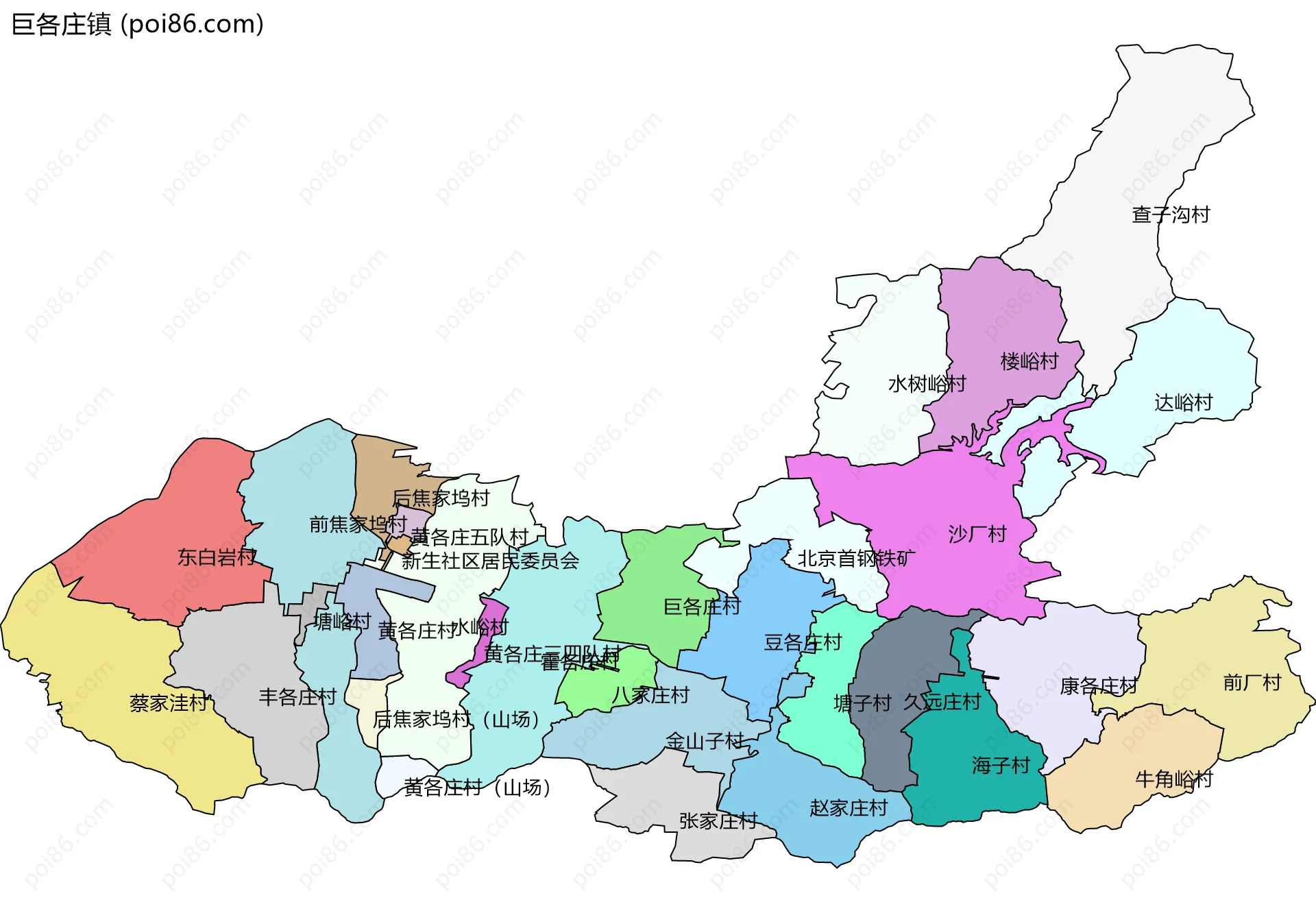 巨各庄镇边界地图(五级行政区划)