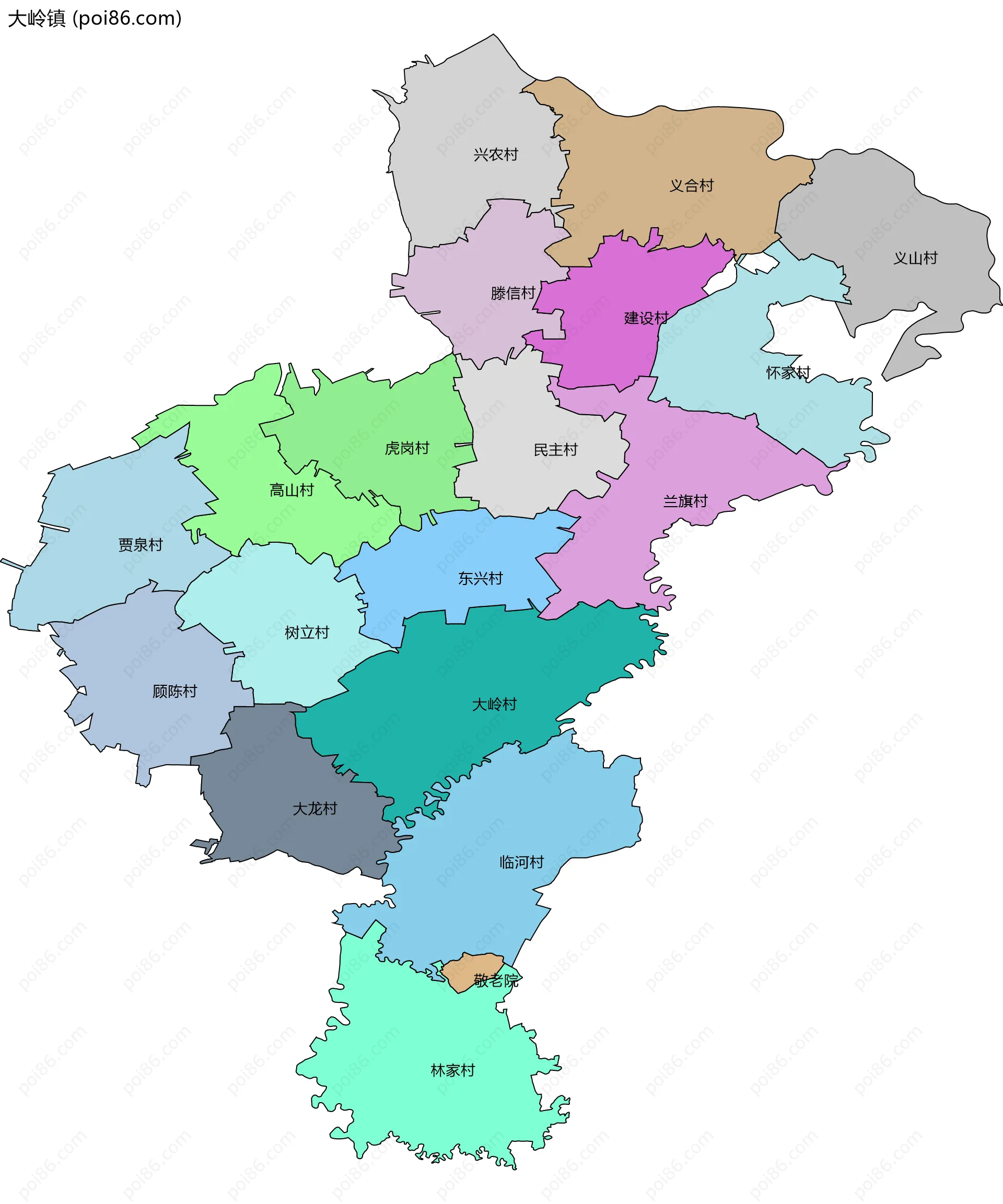 大岭镇边界地图(五级行政区划)