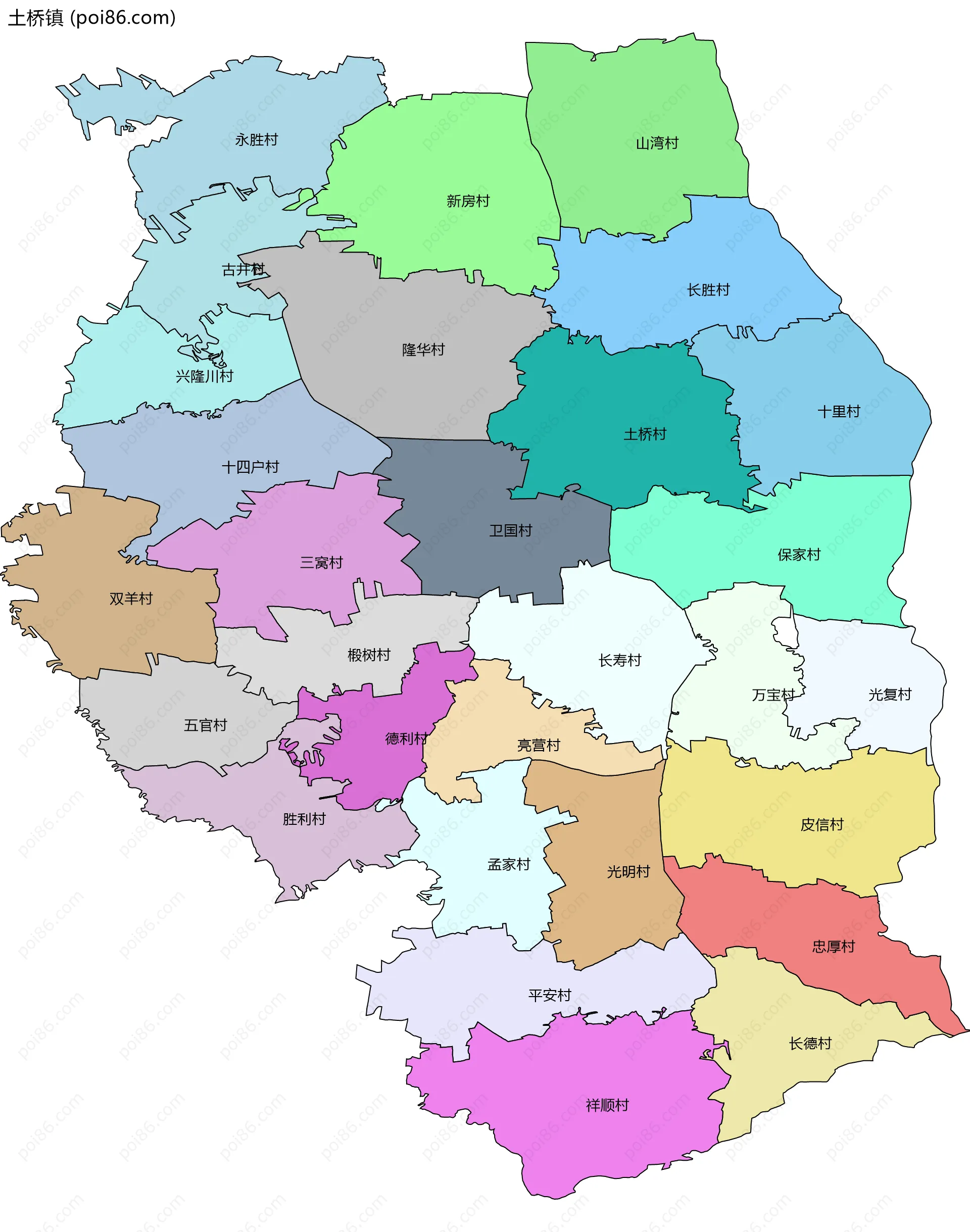 土桥镇边界地图(五级行政区划)