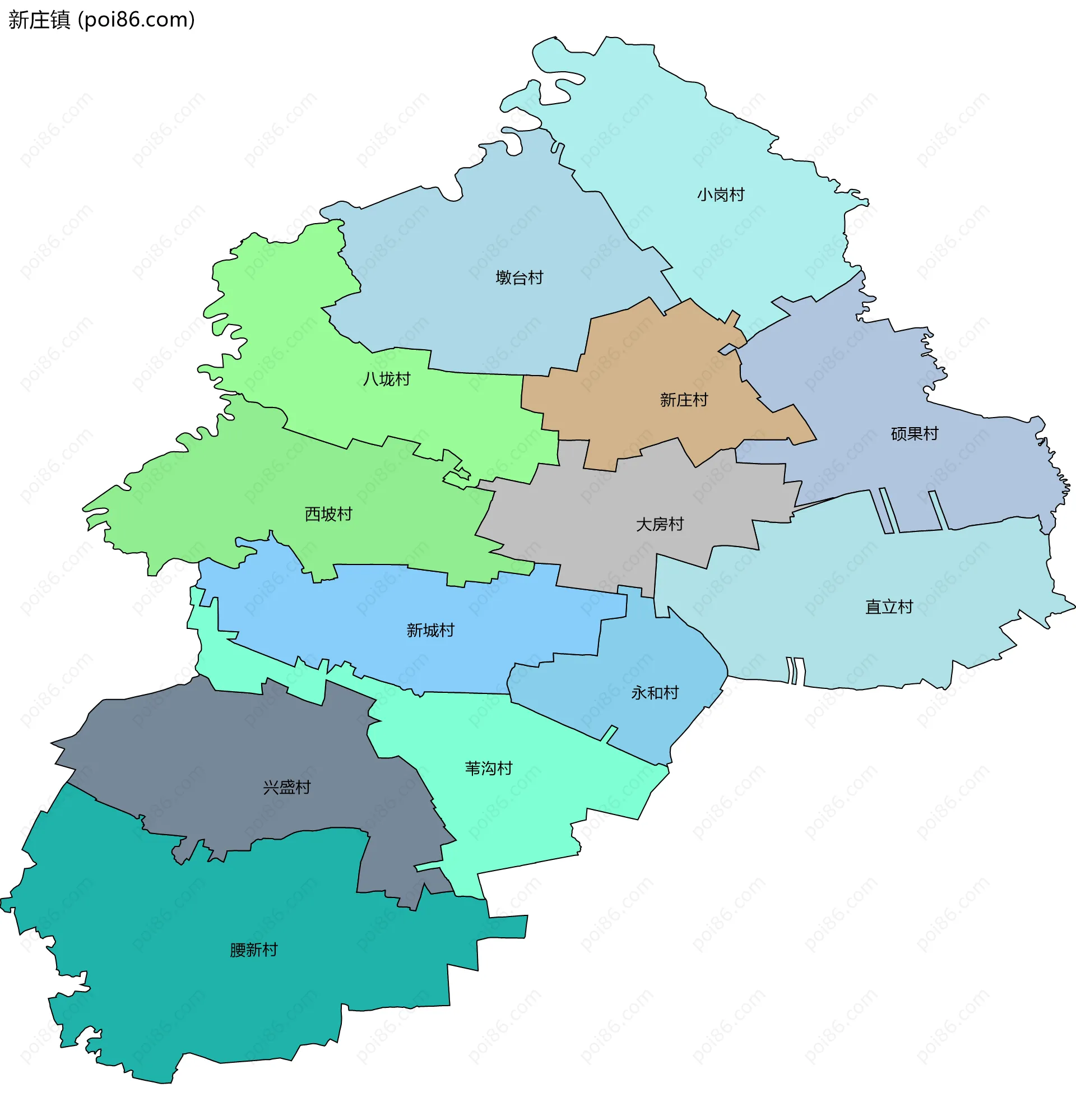 新庄镇边界地图(五级行政区划)