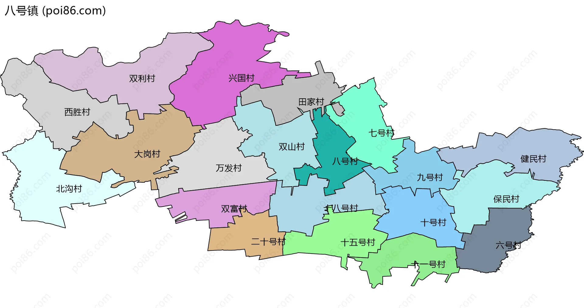 八号镇边界地图(五级行政区划)