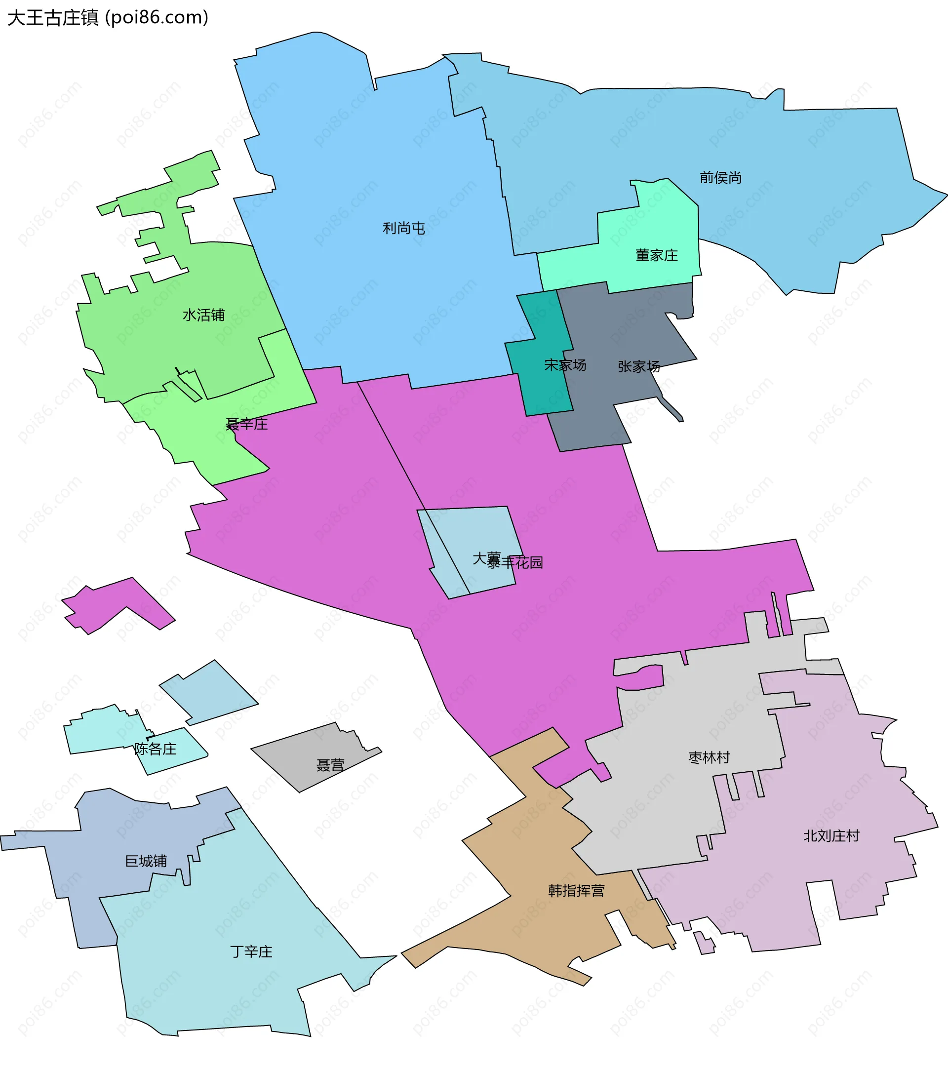 大王古庄镇边界地图(五级行政区划)