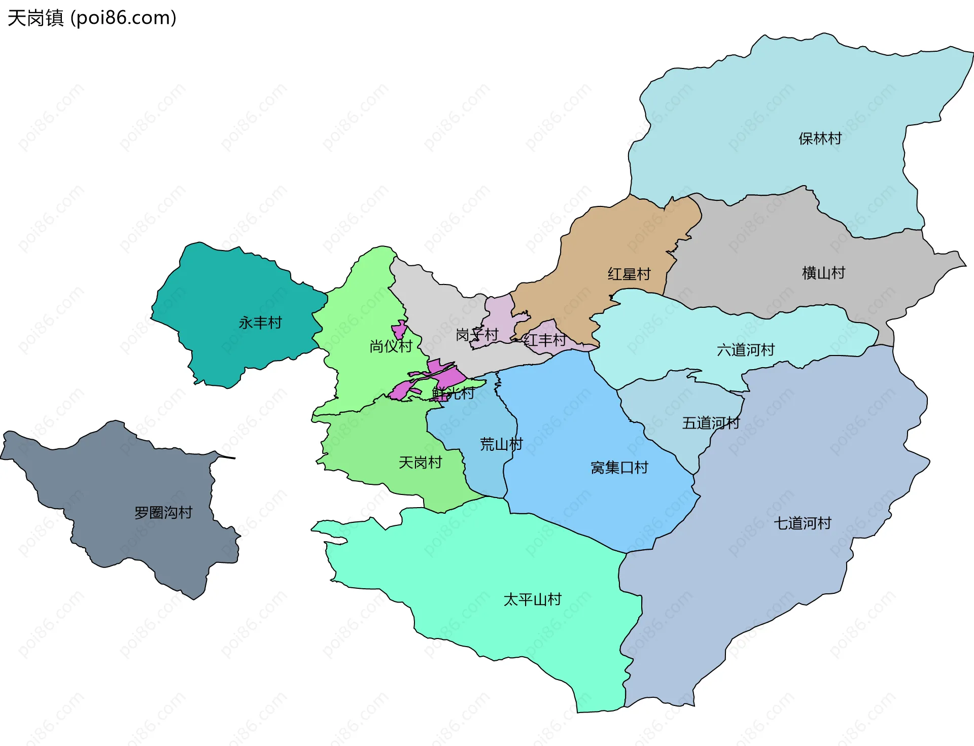 天岗镇边界地图(五级行政区划)