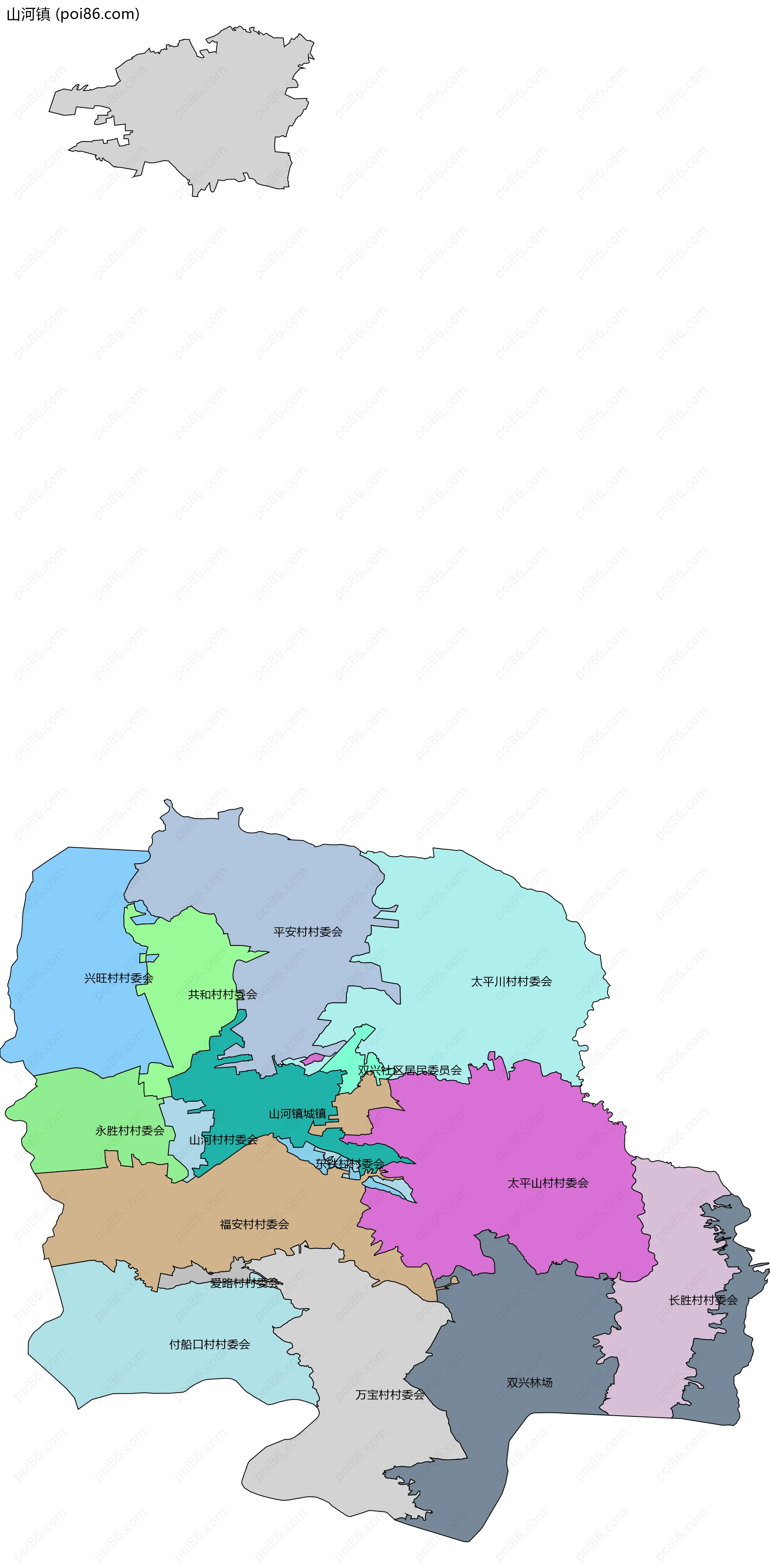 山河镇边界地图(五级行政区划)