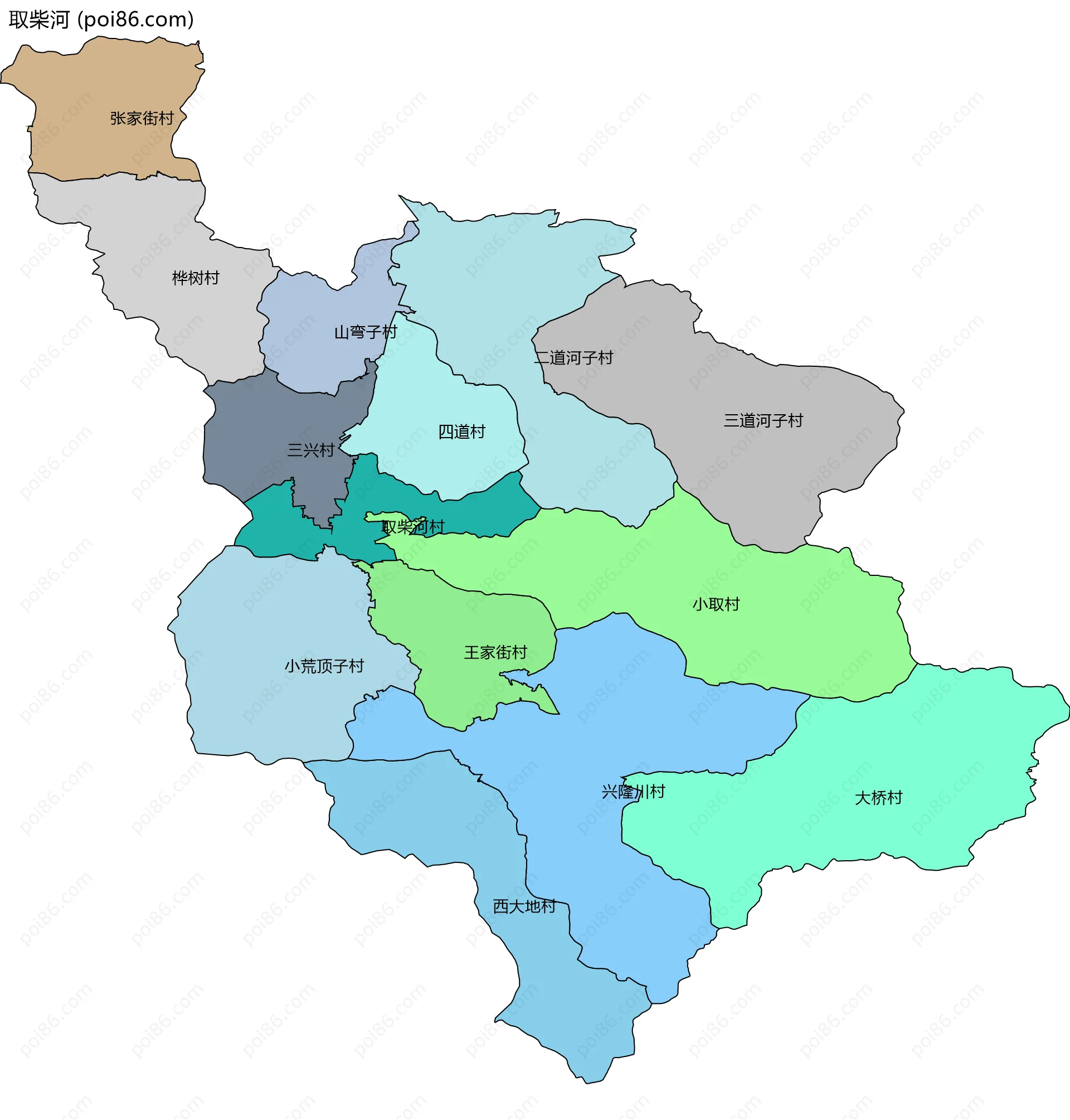 取柴河边界地图(五级行政区划)