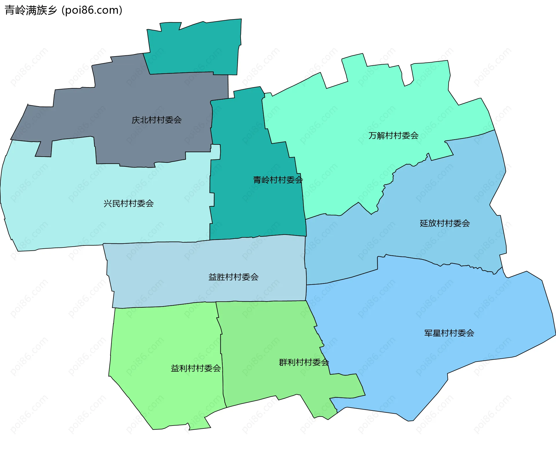 青岭满族乡边界地图(五级行政区划)