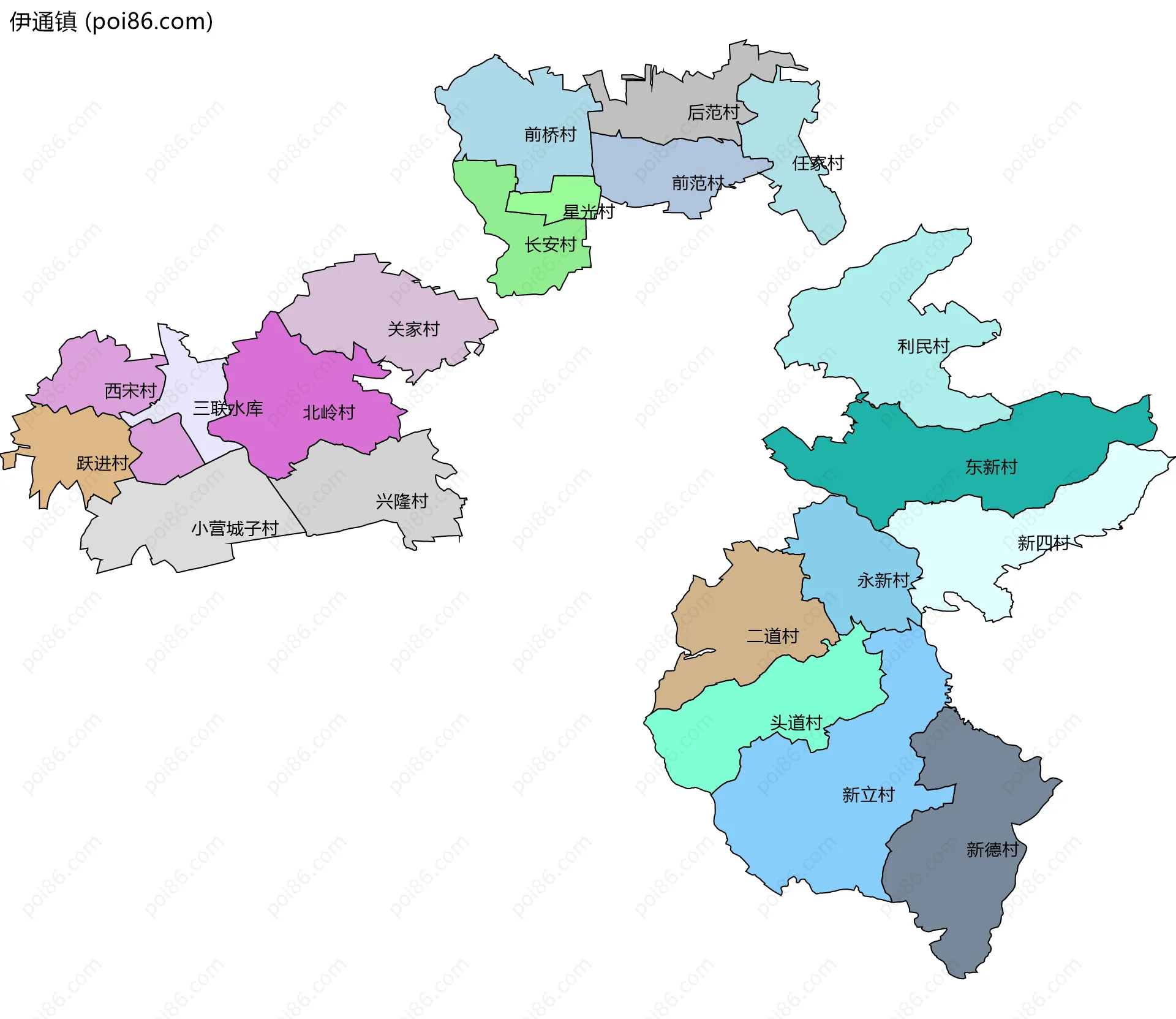 伊通镇边界地图(五级行政区划)