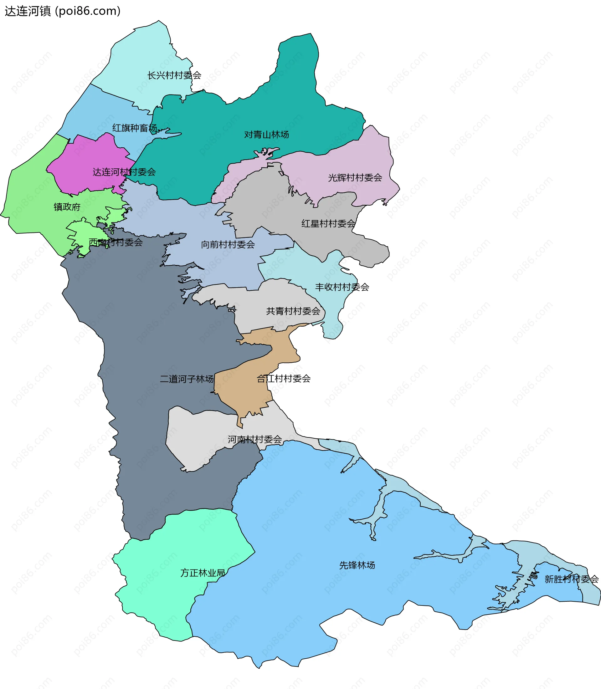 达连河镇边界地图(五级行政区划)