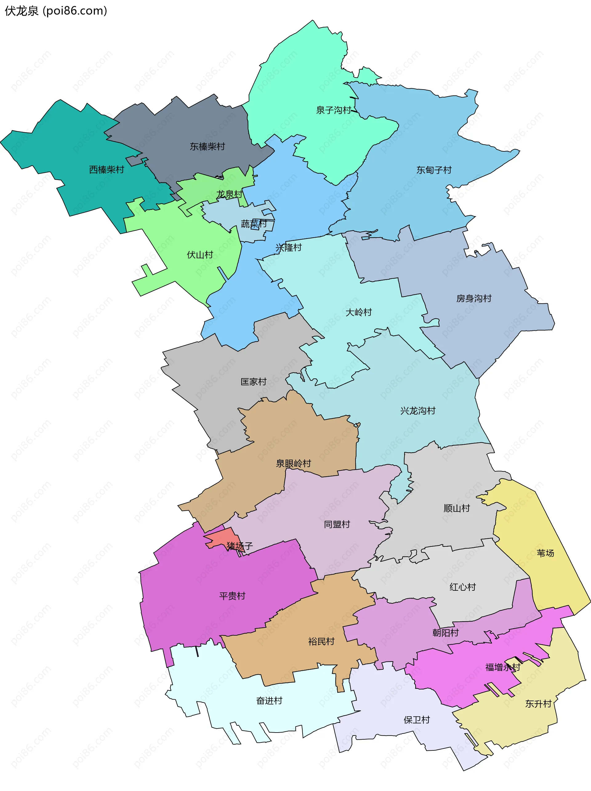 伏龙泉边界地图(五级行政区划)