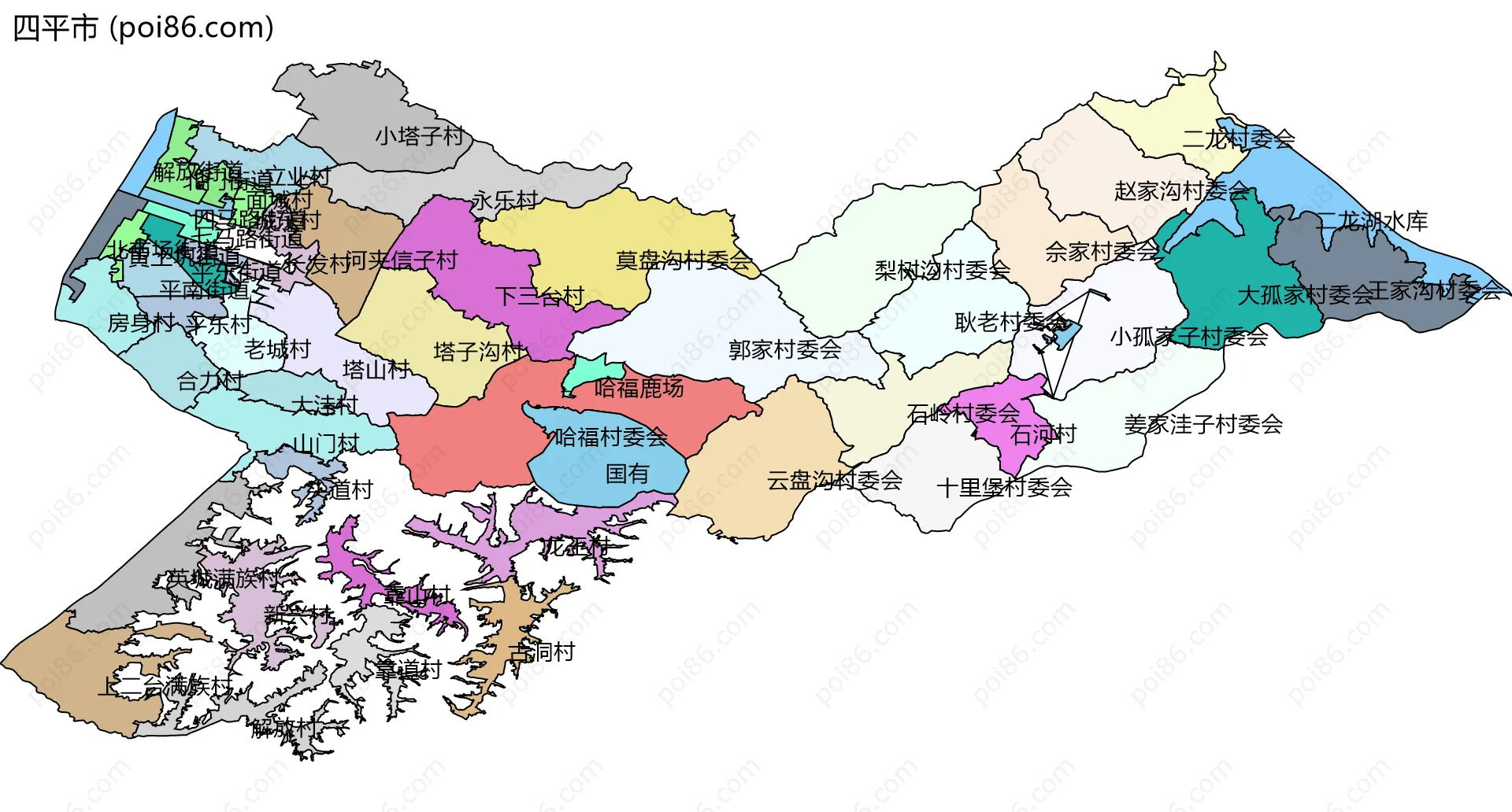 四平市边界地图(五级行政区划)