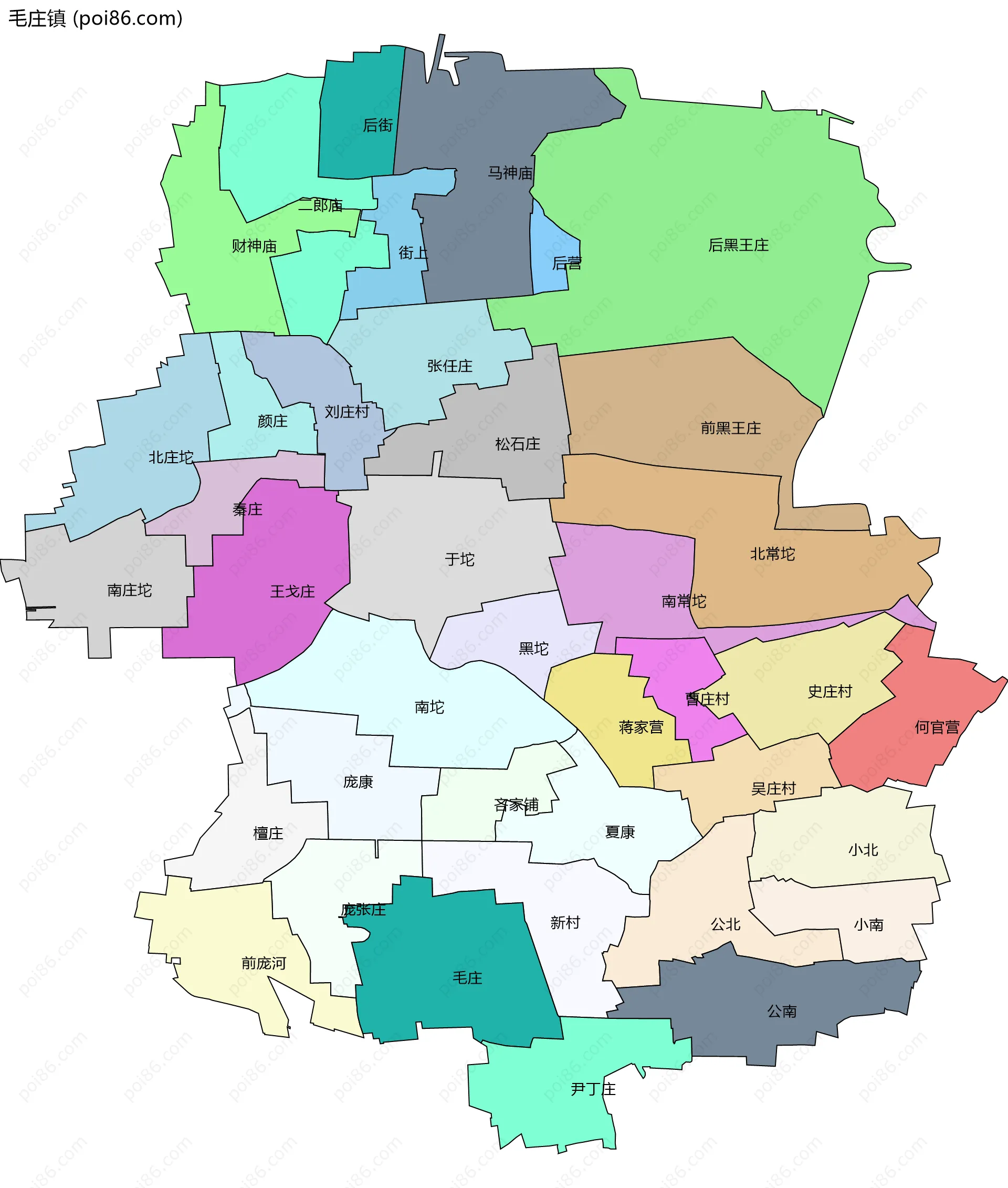 毛庄镇边界地图(五级行政区划)