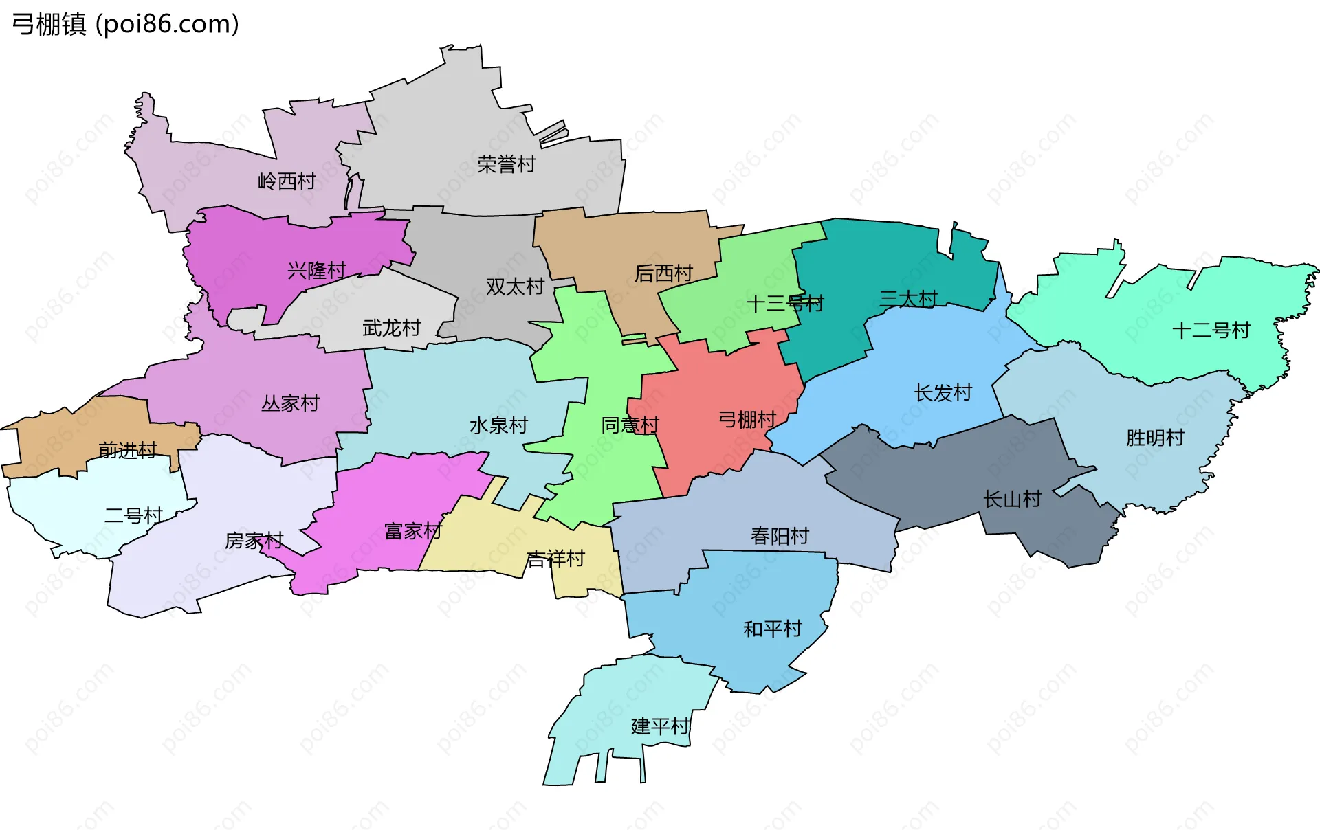 弓棚镇边界地图(五级行政区划)