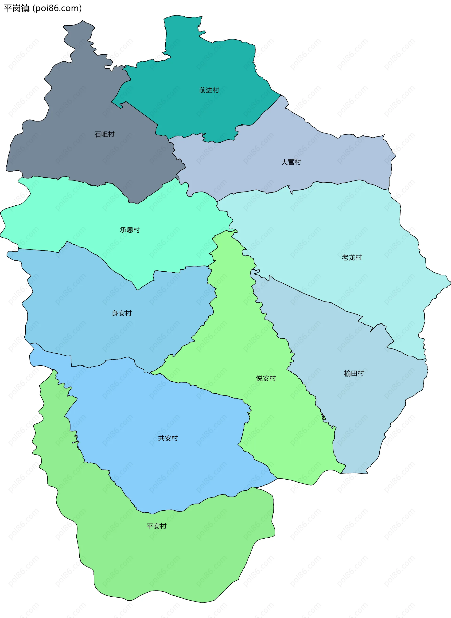 平岗镇边界地图(五级行政区划)