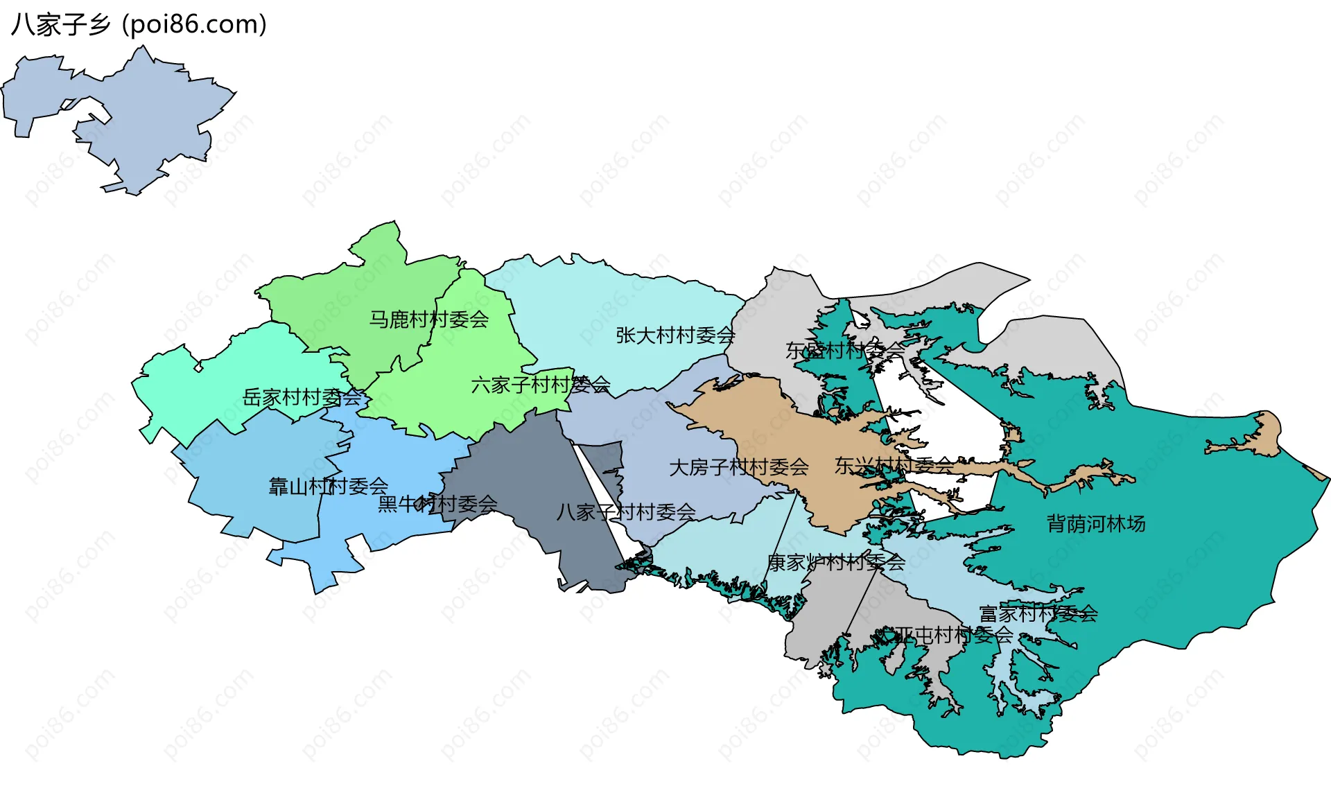 八家子乡边界地图(五级行政区划)