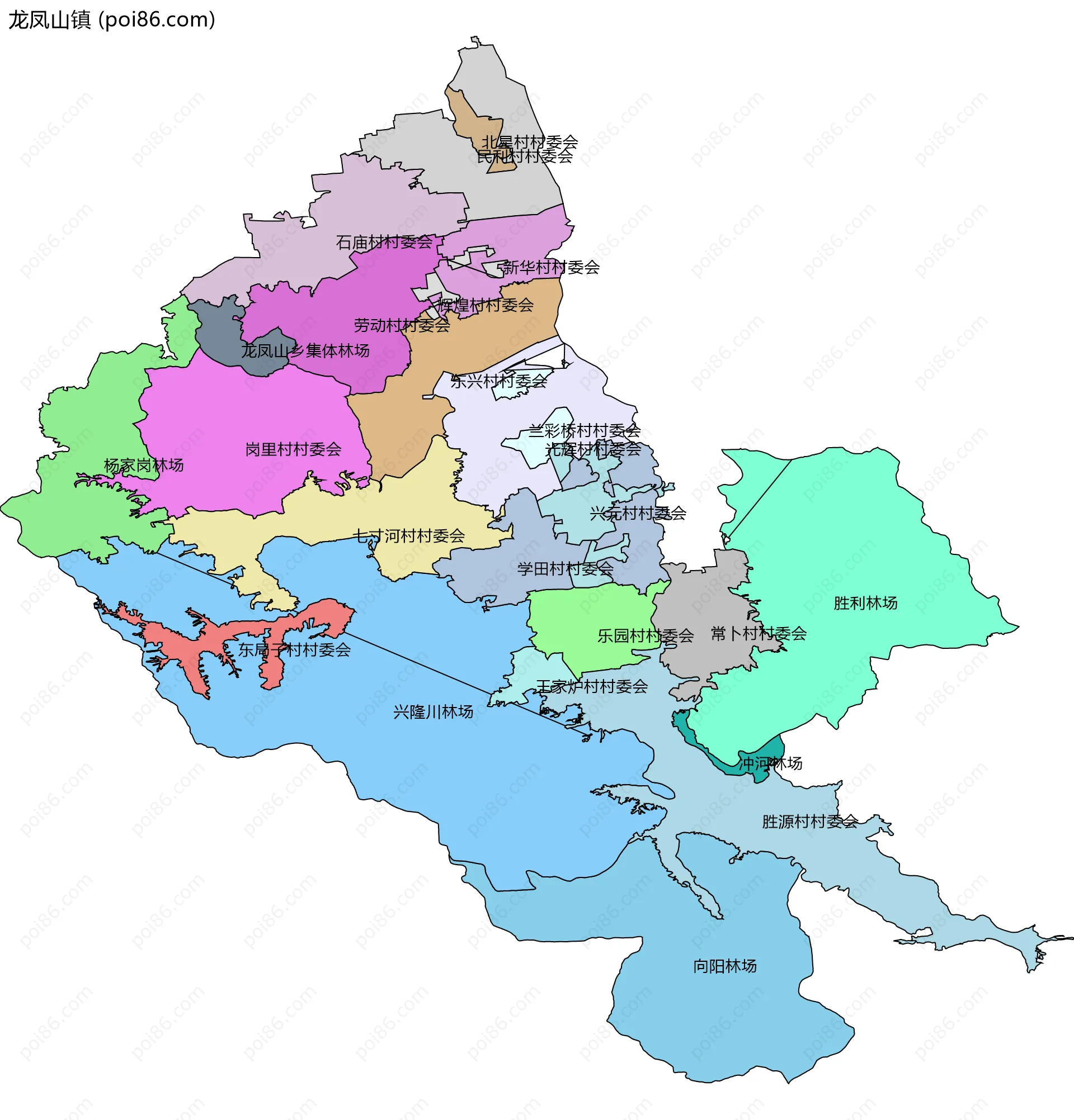 龙凤山镇边界地图(五级行政区划)