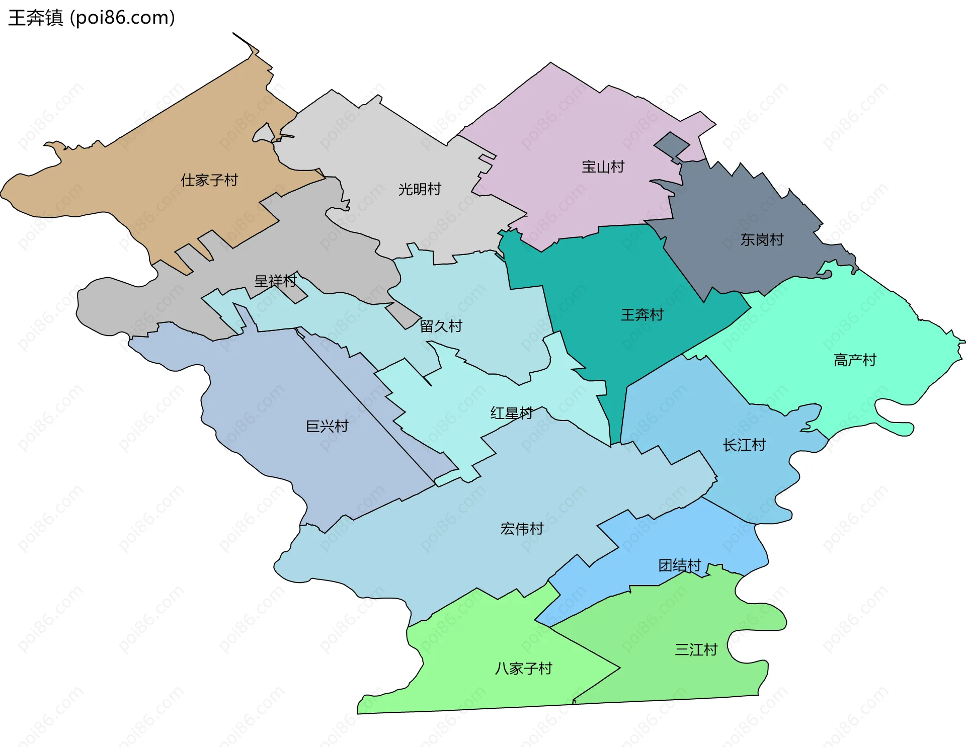 王奔镇边界地图(五级行政区划)