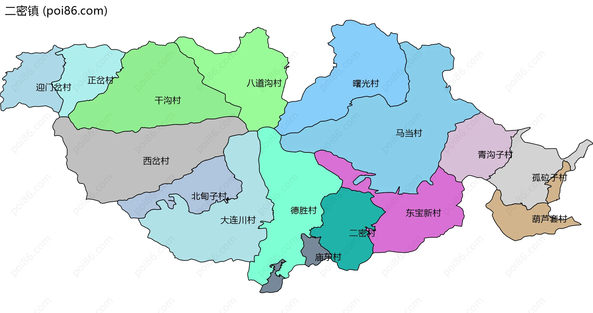 二密镇边界地图(五级行政区划)