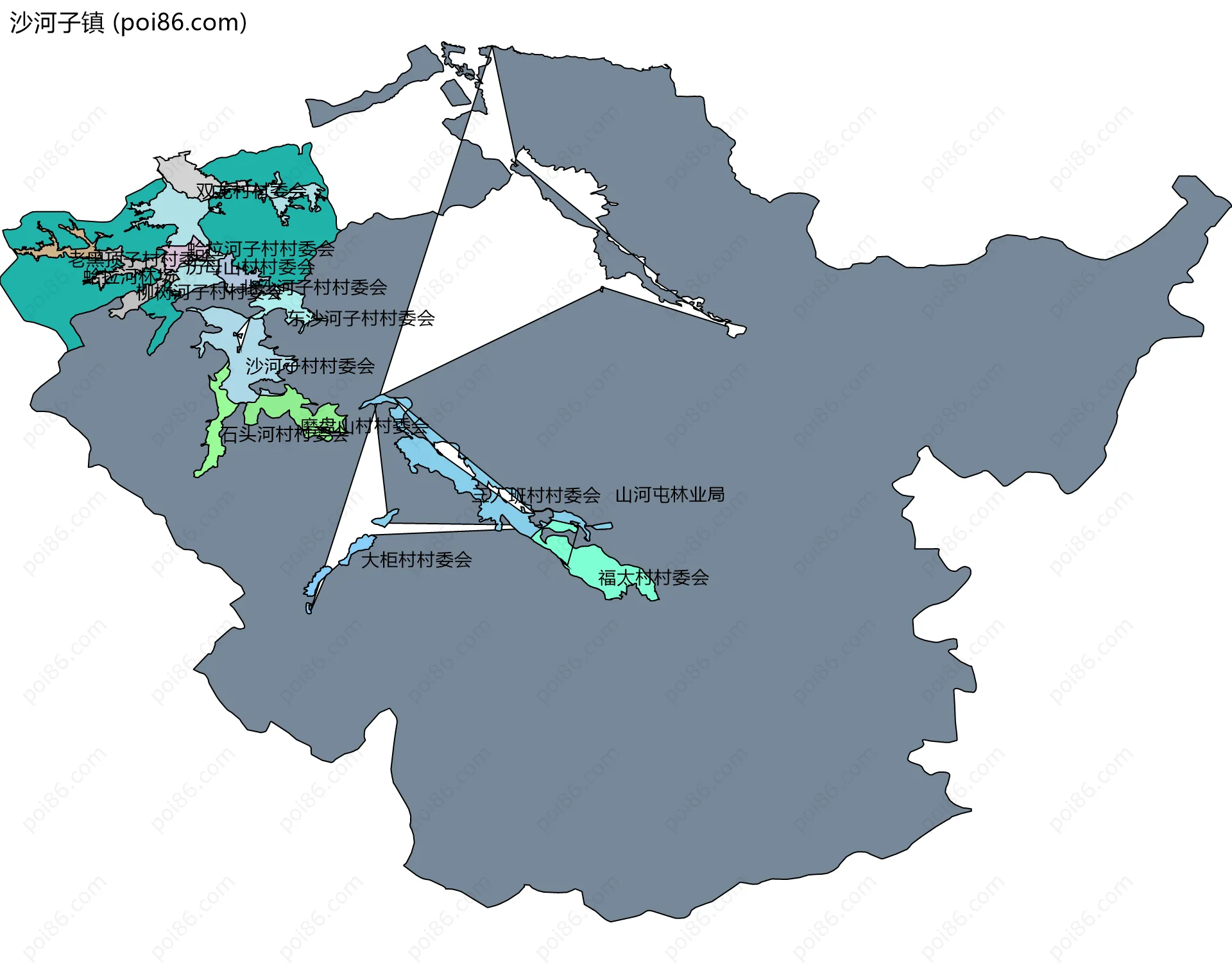 沙河子镇边界地图(五级行政区划)