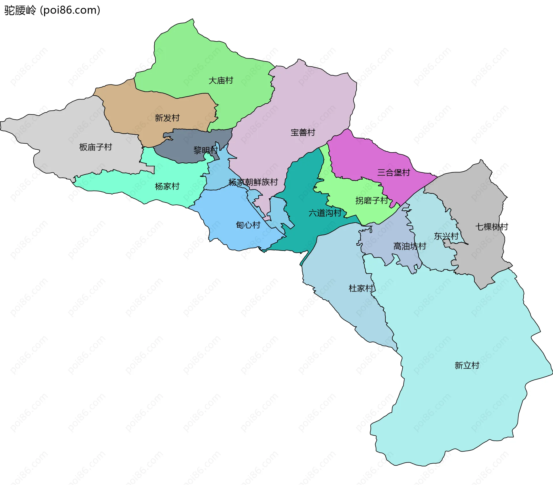 驼腰岭边界地图(五级行政区划)
