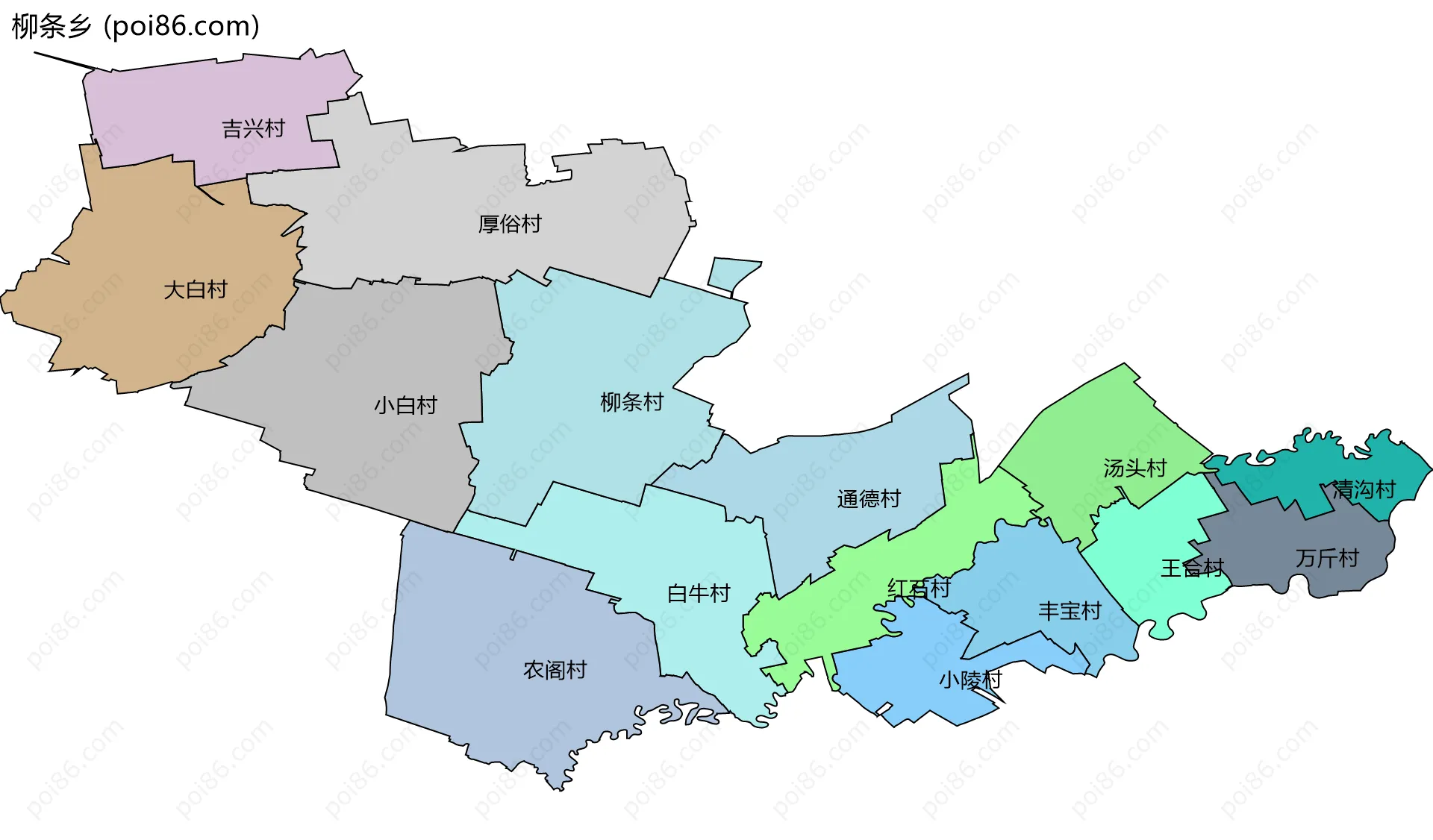 柳条乡边界地图(五级行政区划)