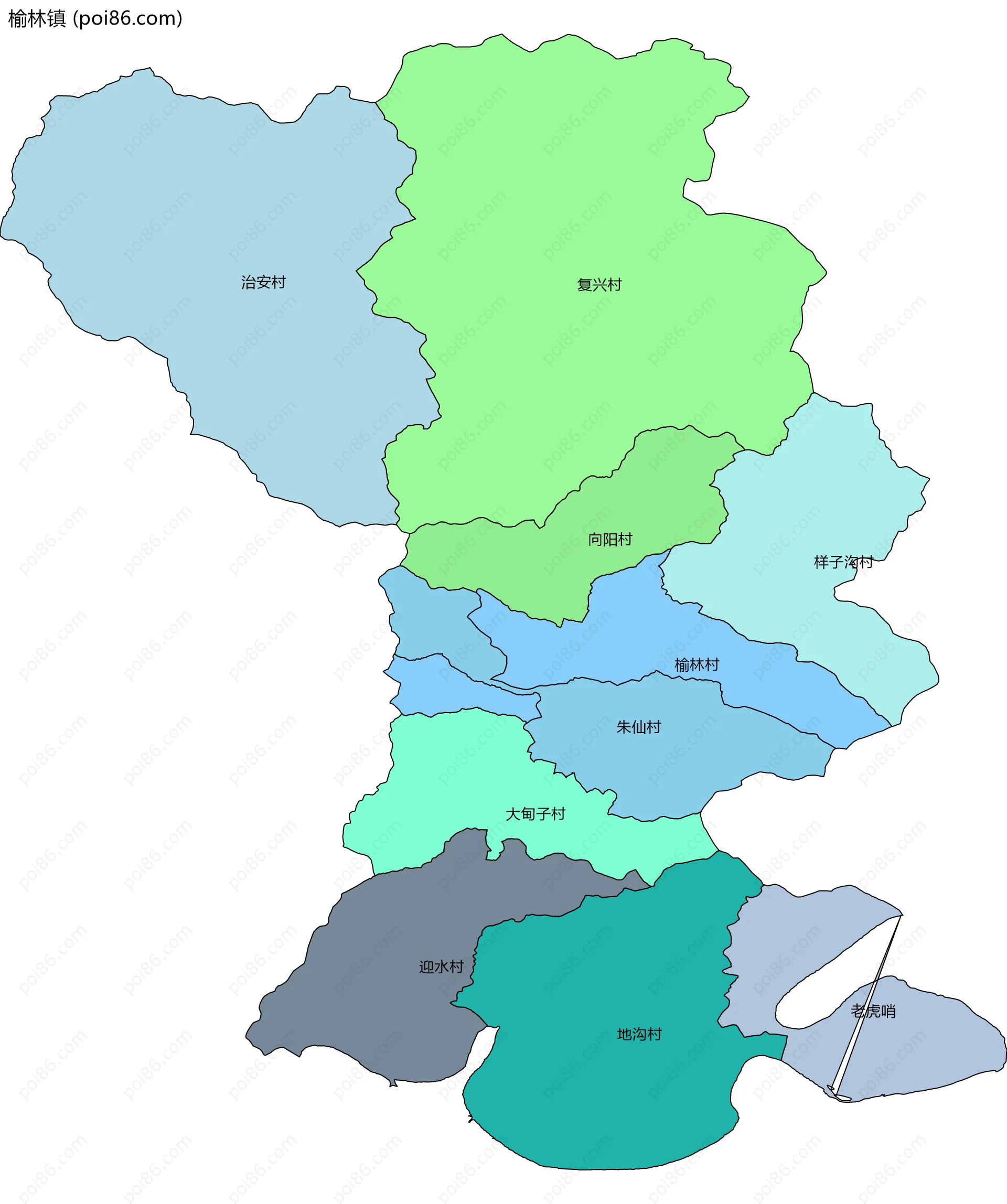 榆林镇边界地图(五级行政区划)