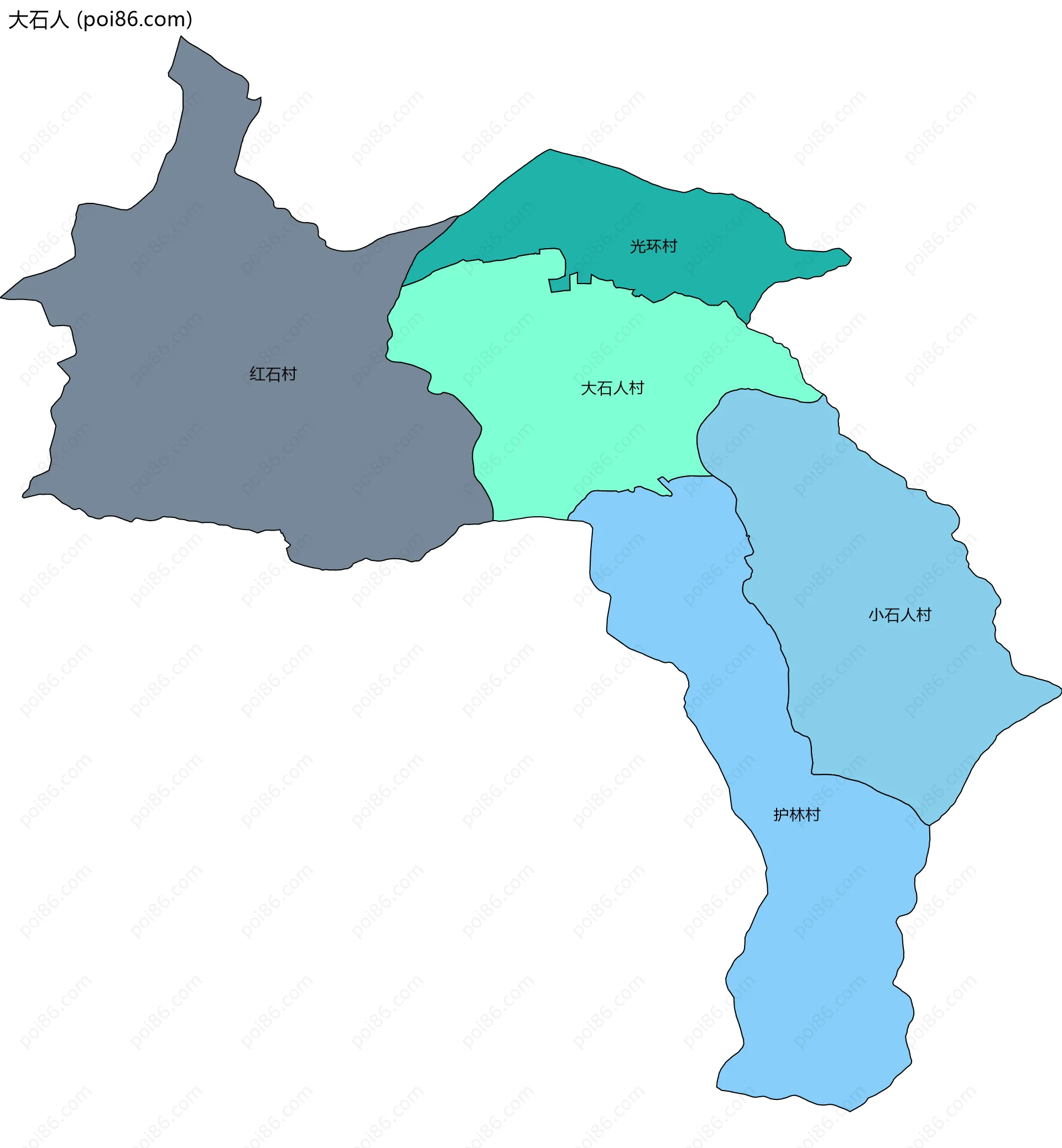 大石人边界地图(五级行政区划)
