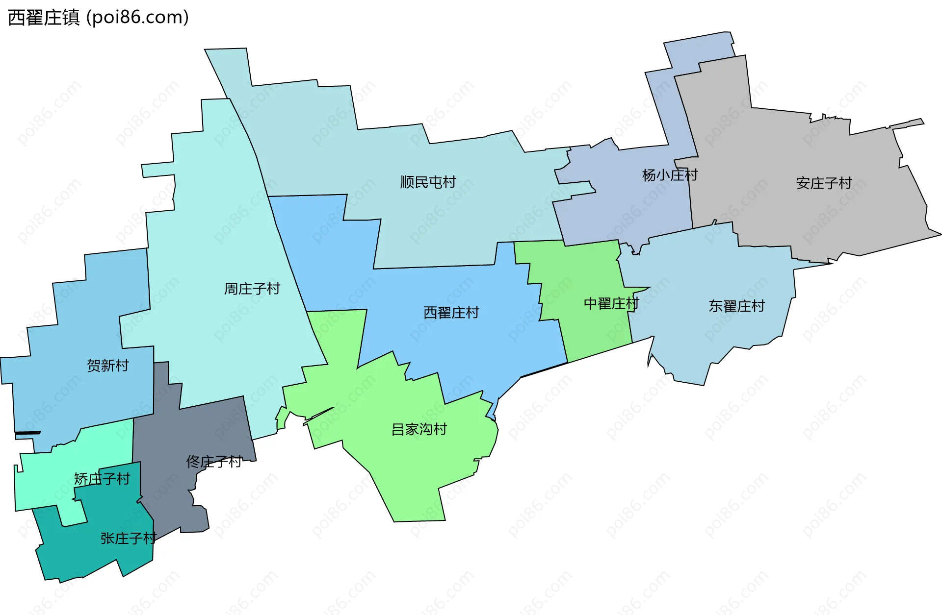 西翟庄镇边界地图(五级行政区划)