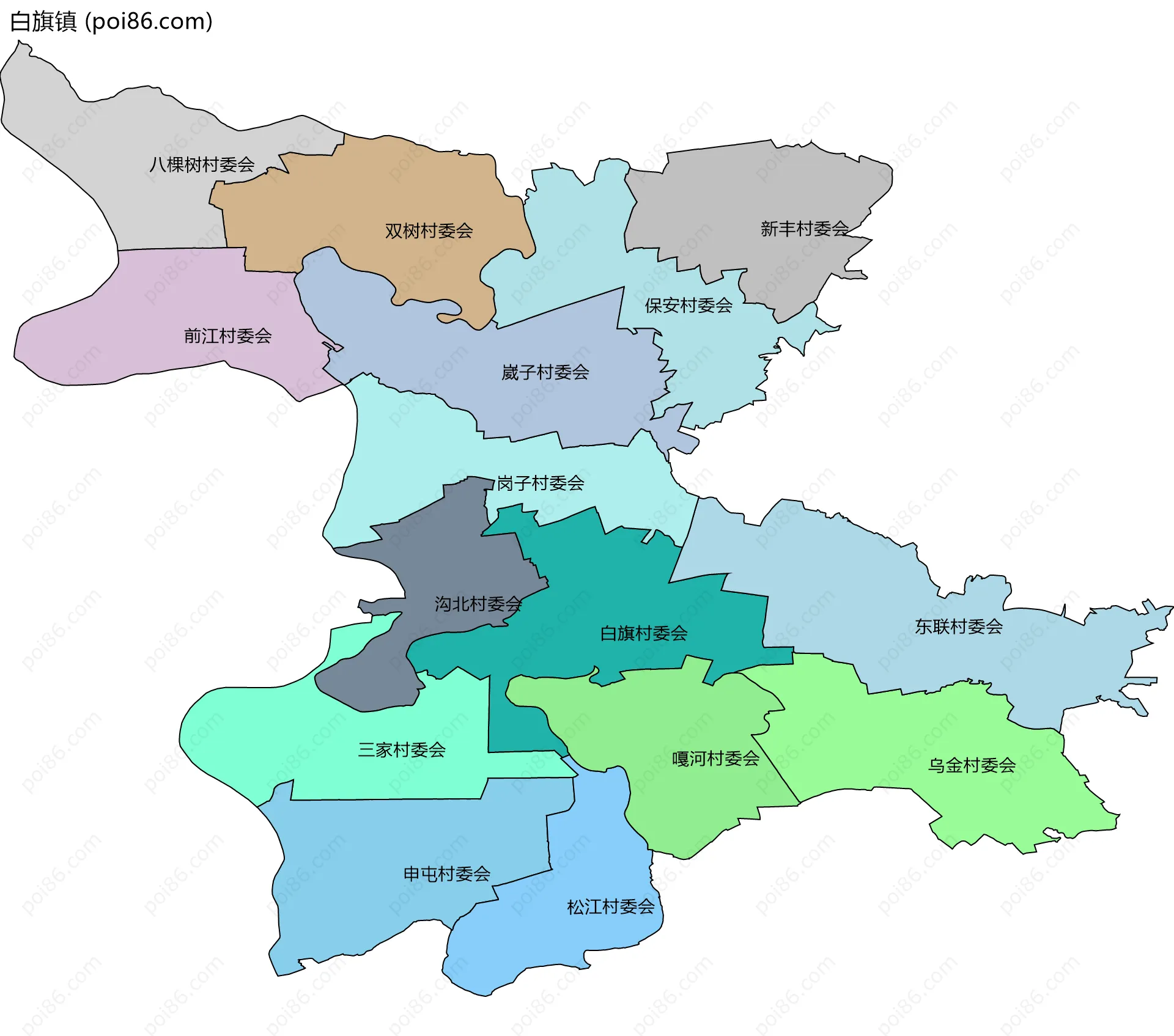 白旗镇边界地图(五级行政区划)