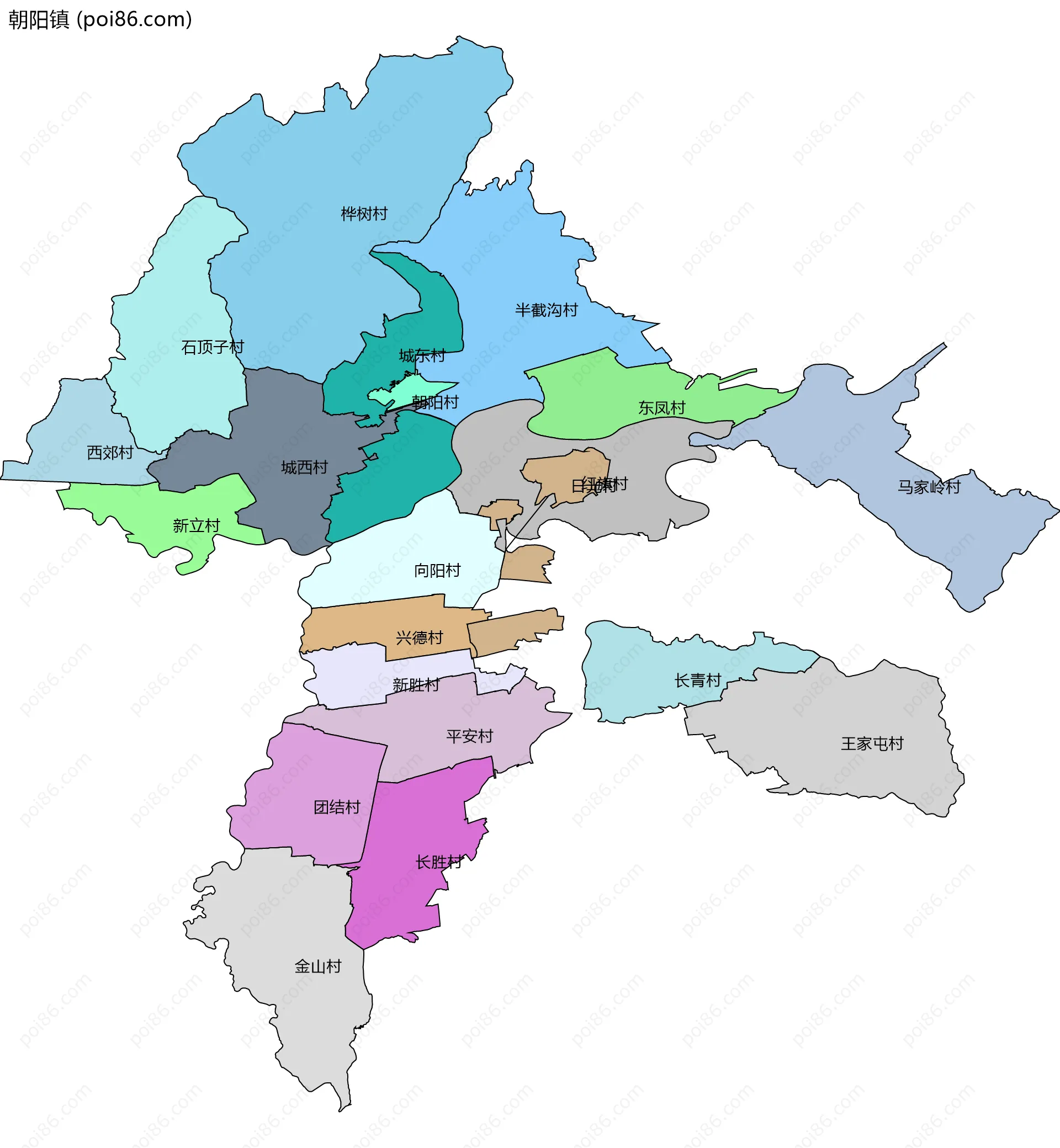 朝阳镇边界地图(五级行政区划)