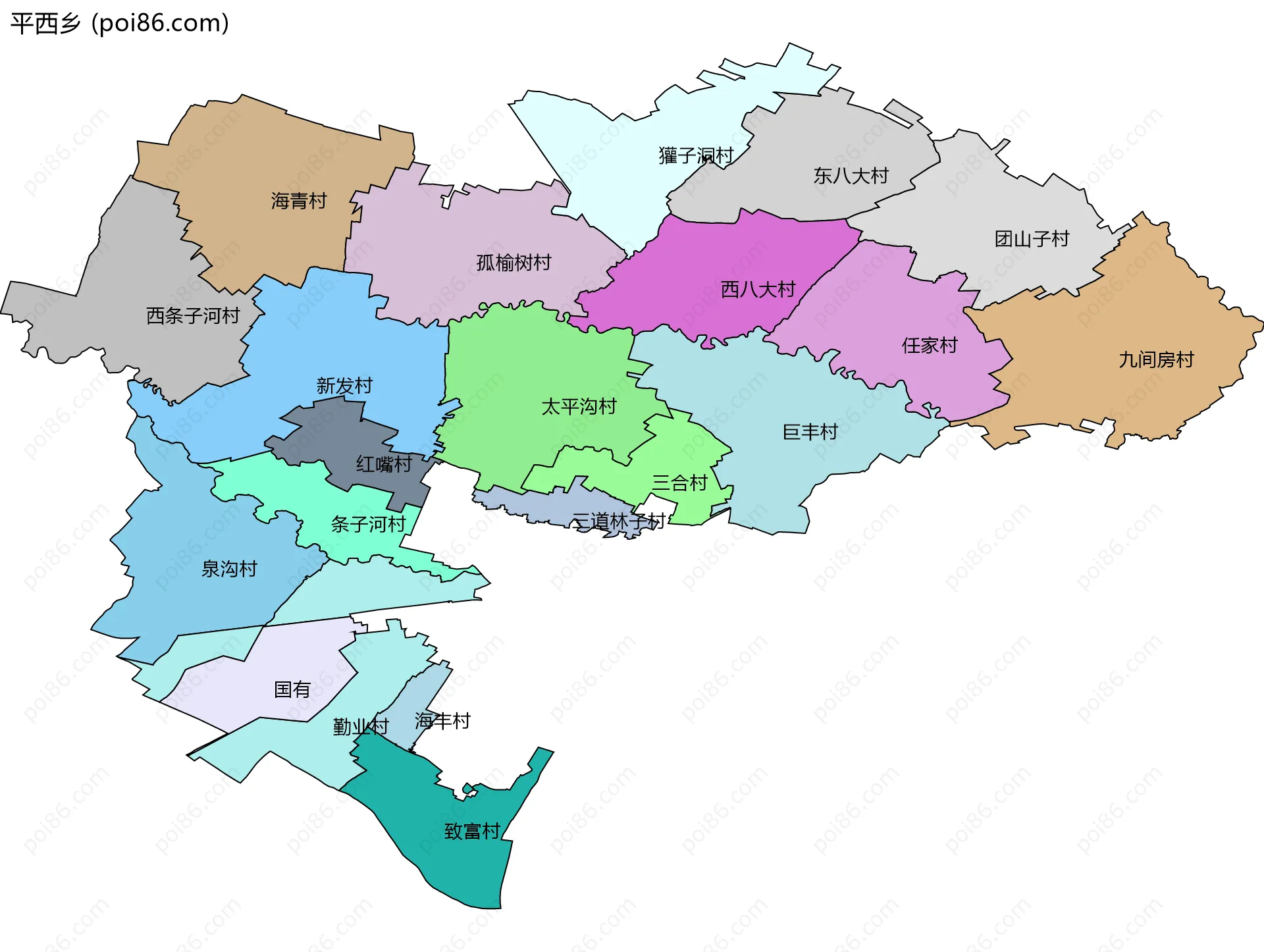 平西乡边界地图(五级行政区划)