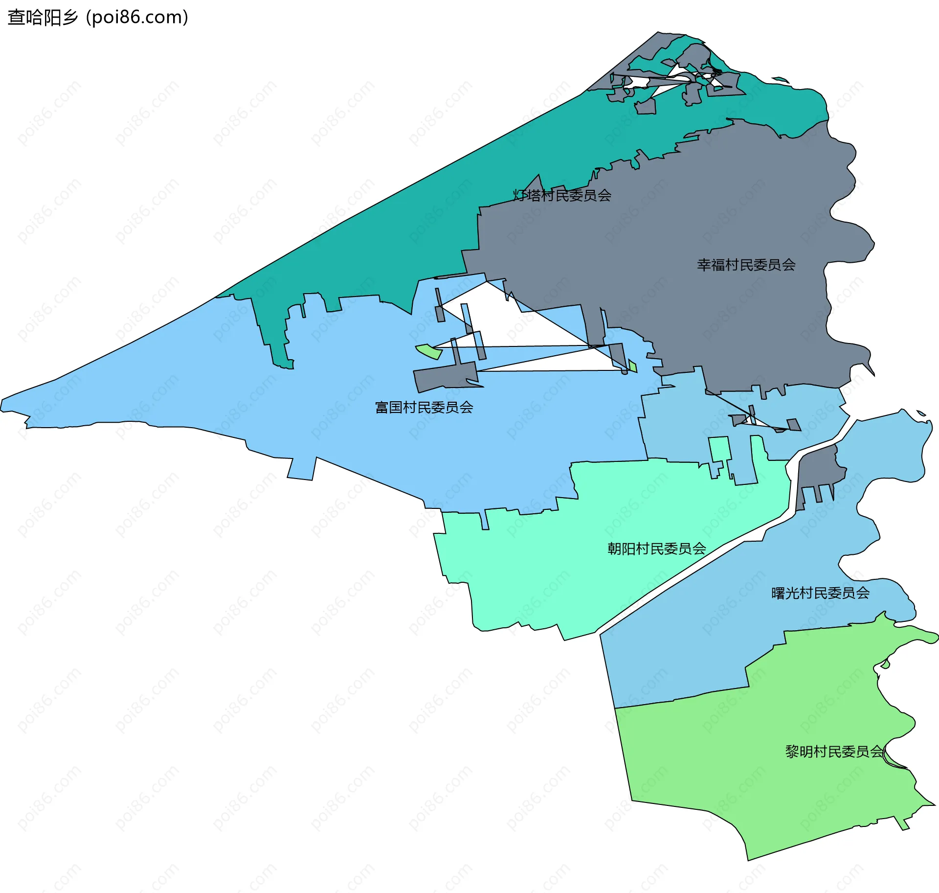 查哈阳乡边界地图(五级行政区划)
