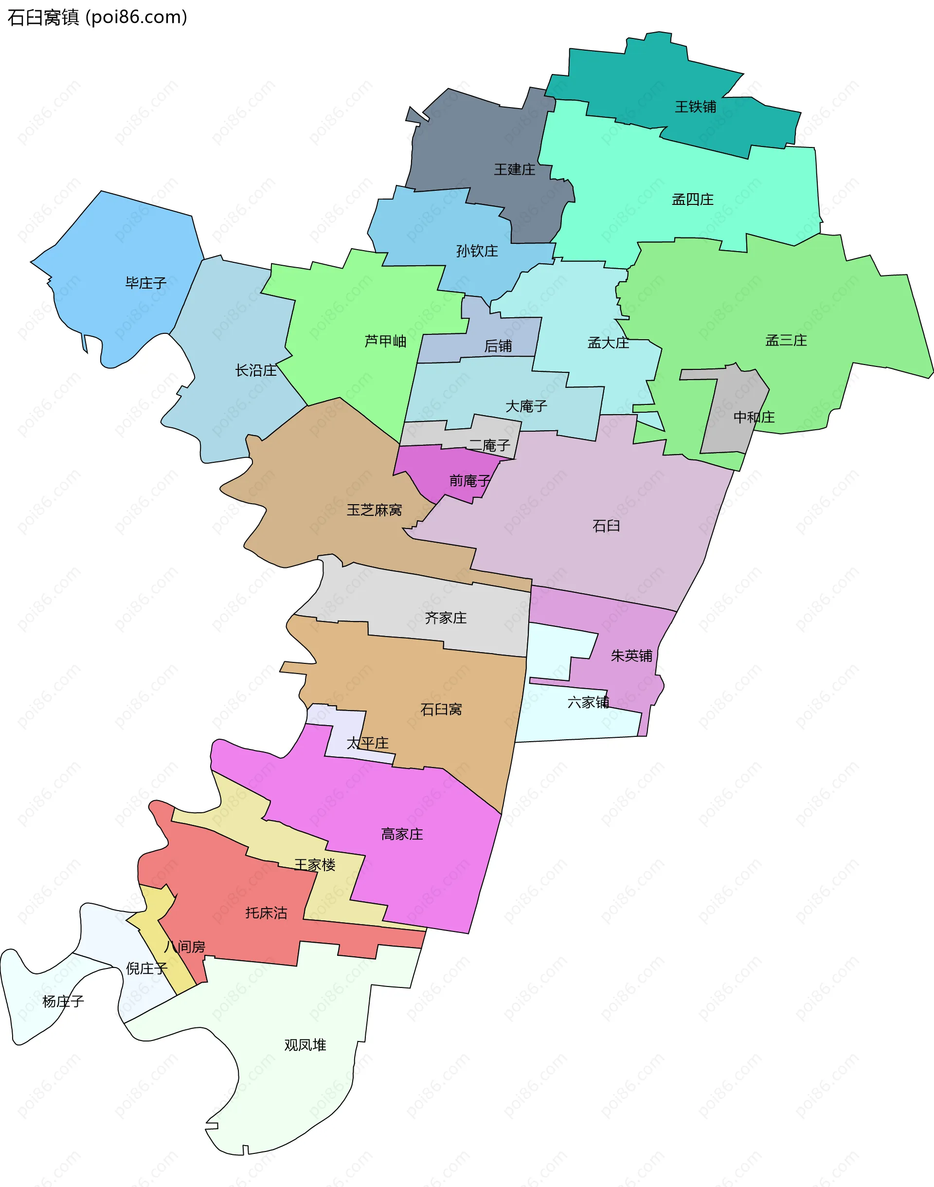 石臼窝镇边界地图(五级行政区划)