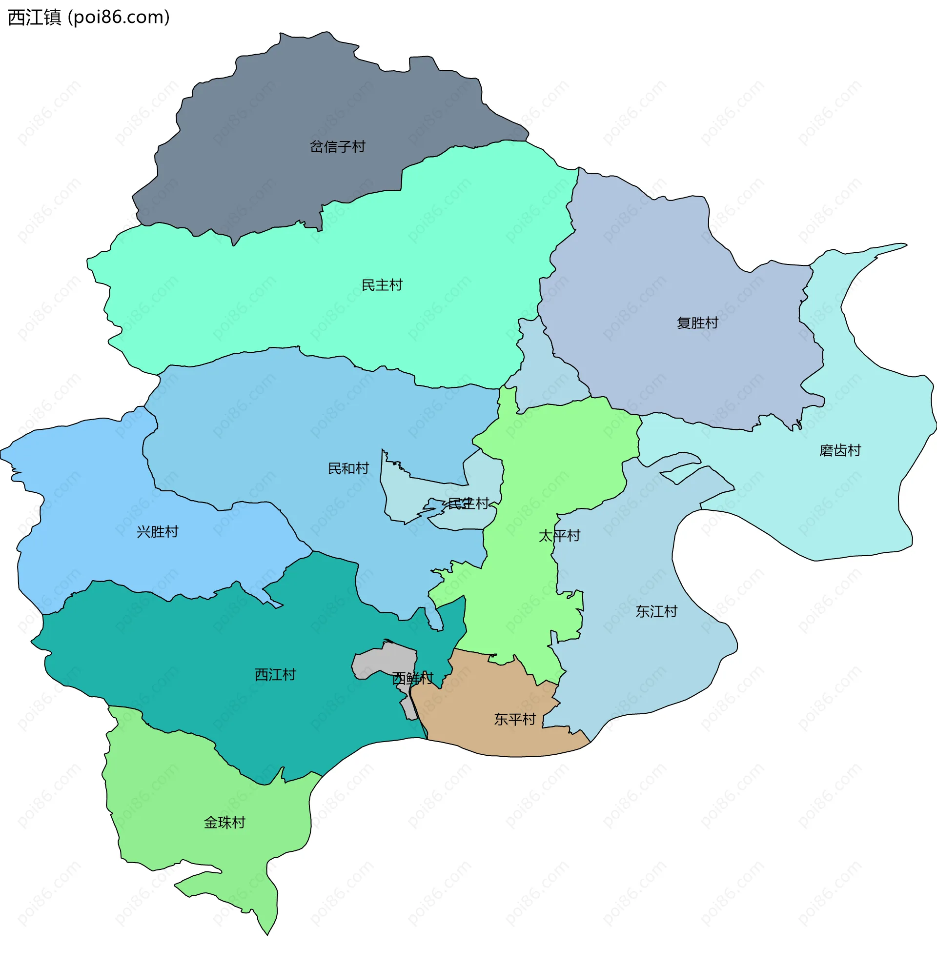 西江镇边界地图(五级行政区划)