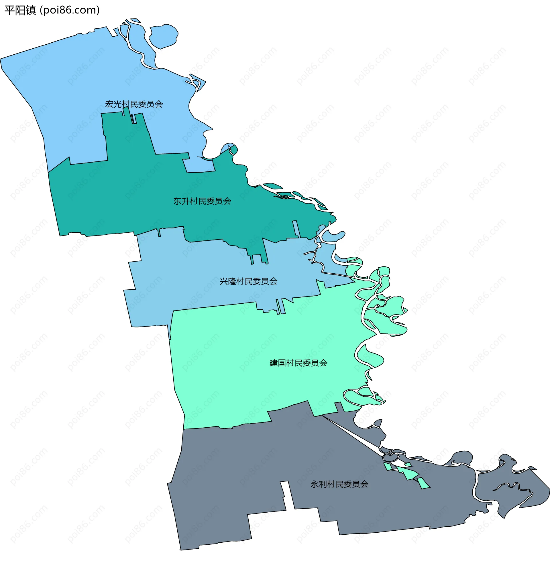 平阳镇边界地图(五级行政区划)