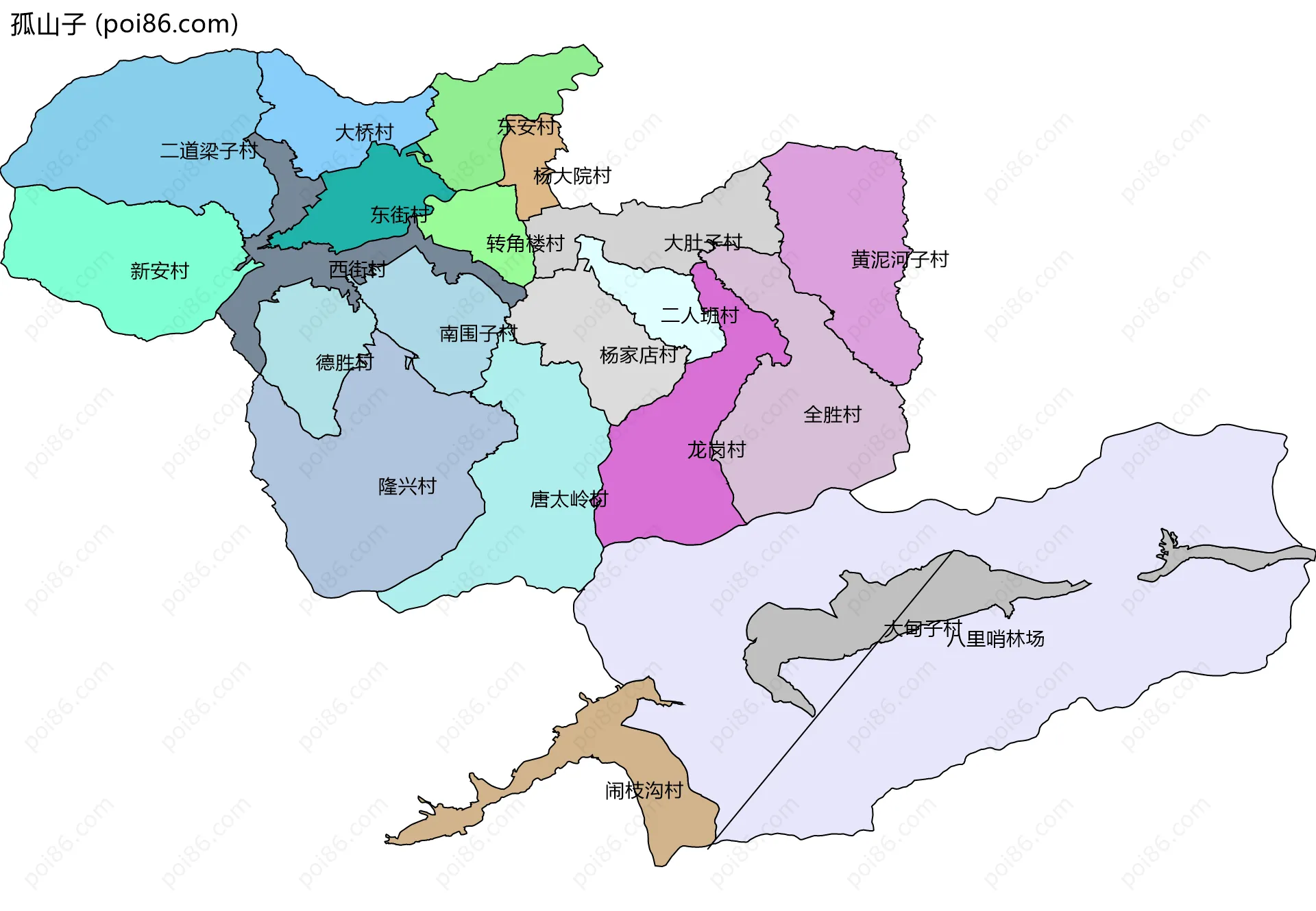 孤山子边界地图(五级行政区划)