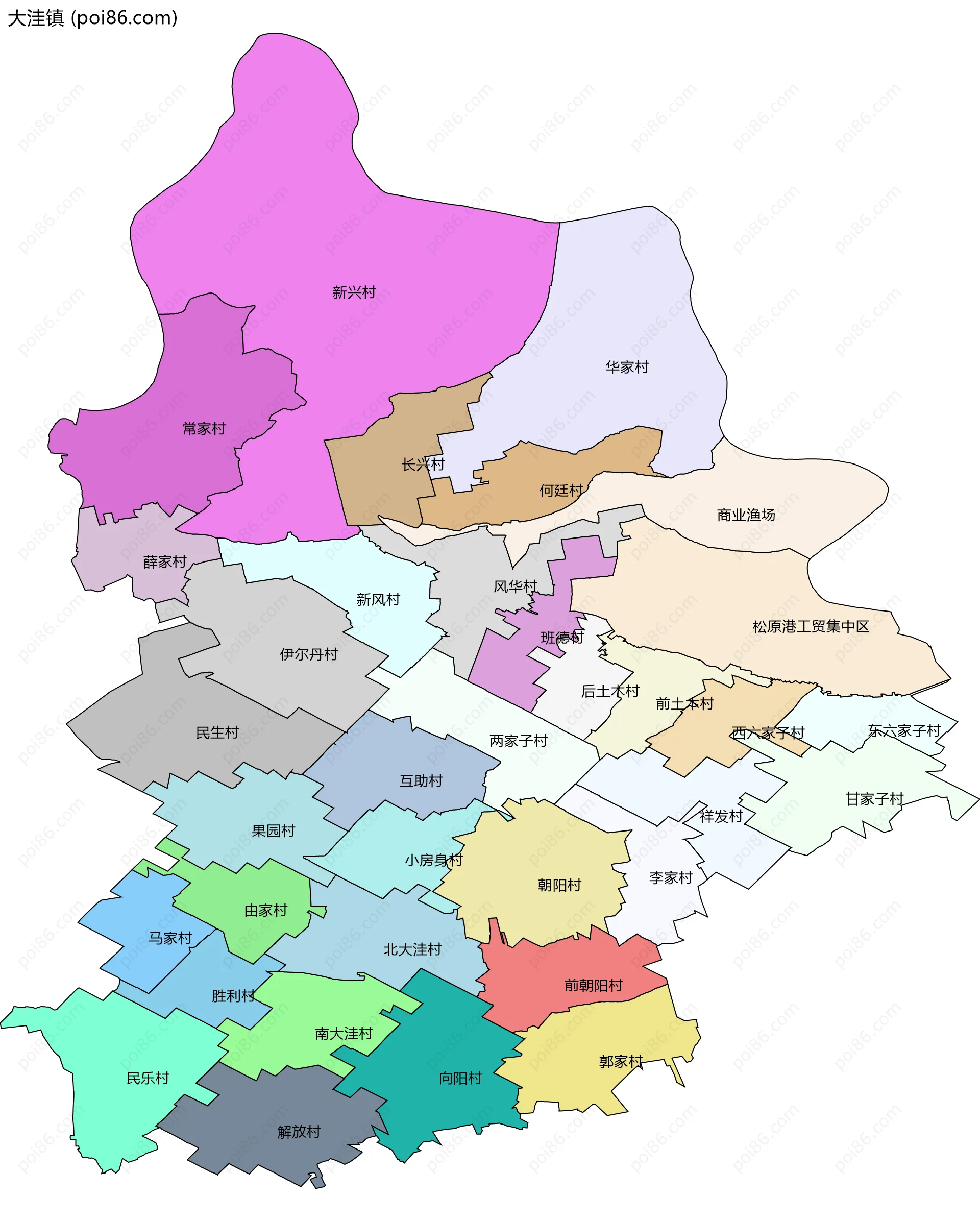 大洼镇边界地图(五级行政区划)