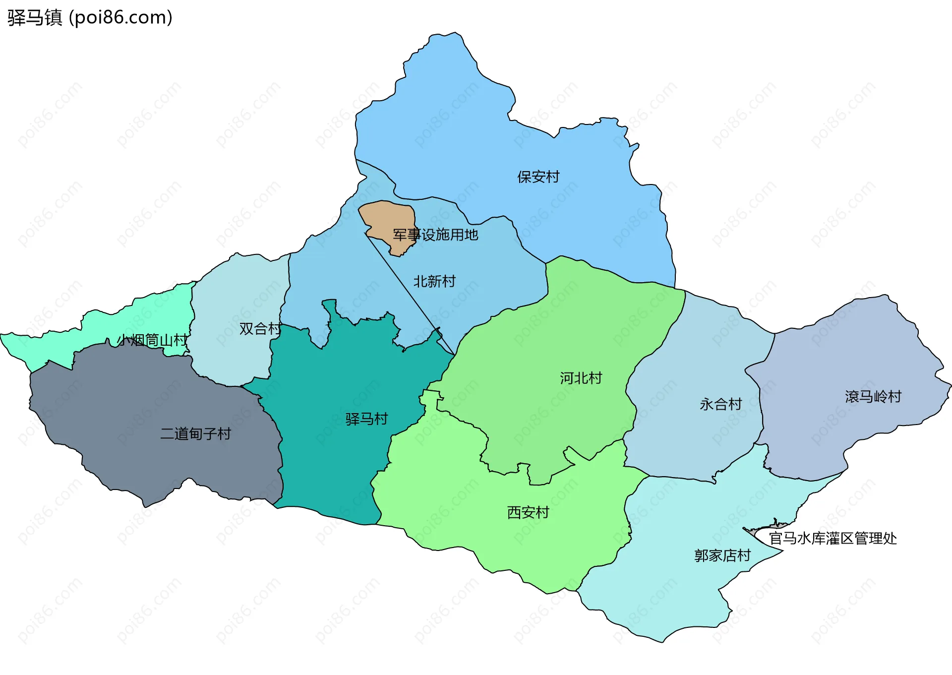 驿马镇边界地图(五级行政区划)