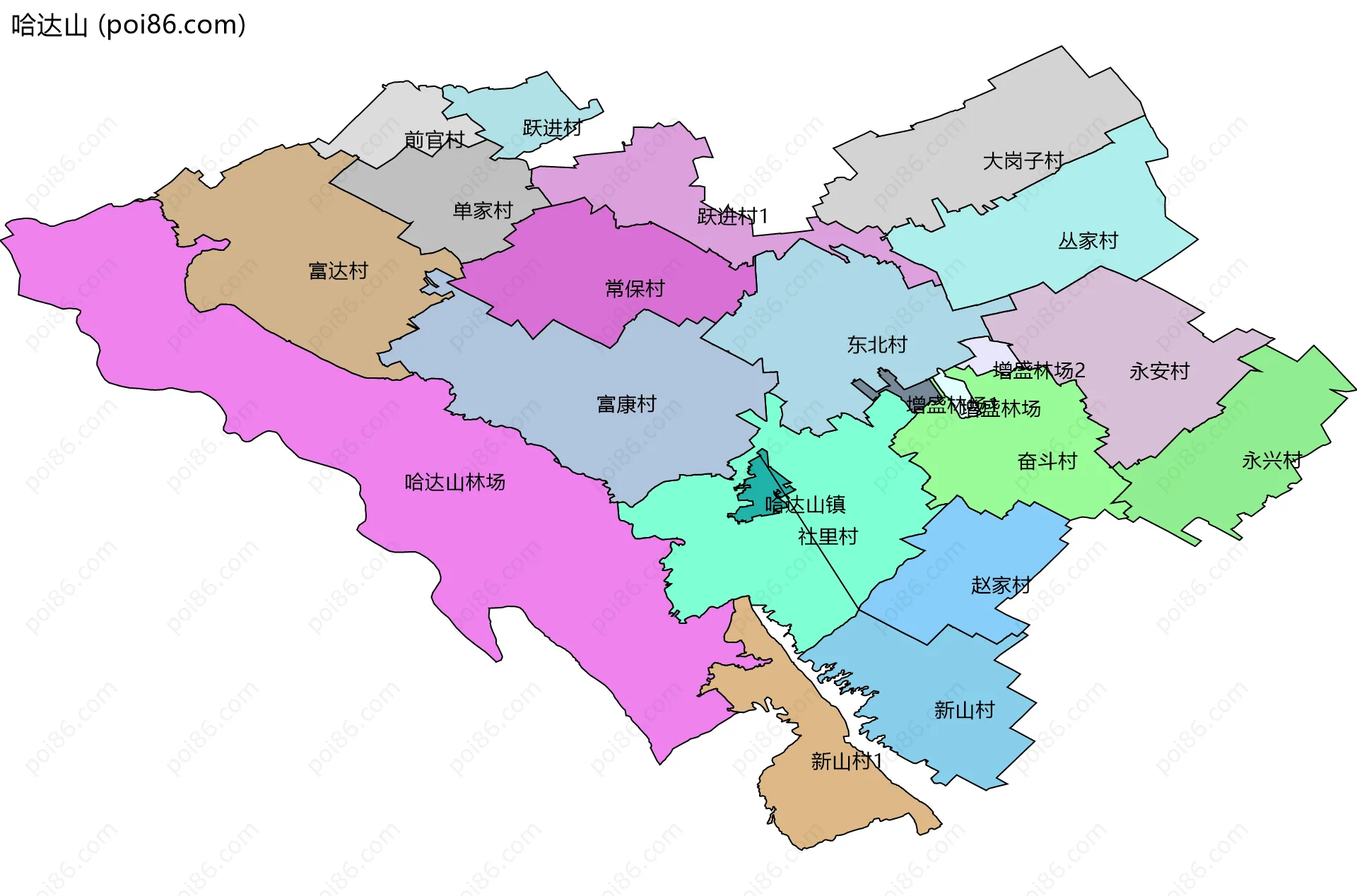 哈达山边界地图(五级行政区划)