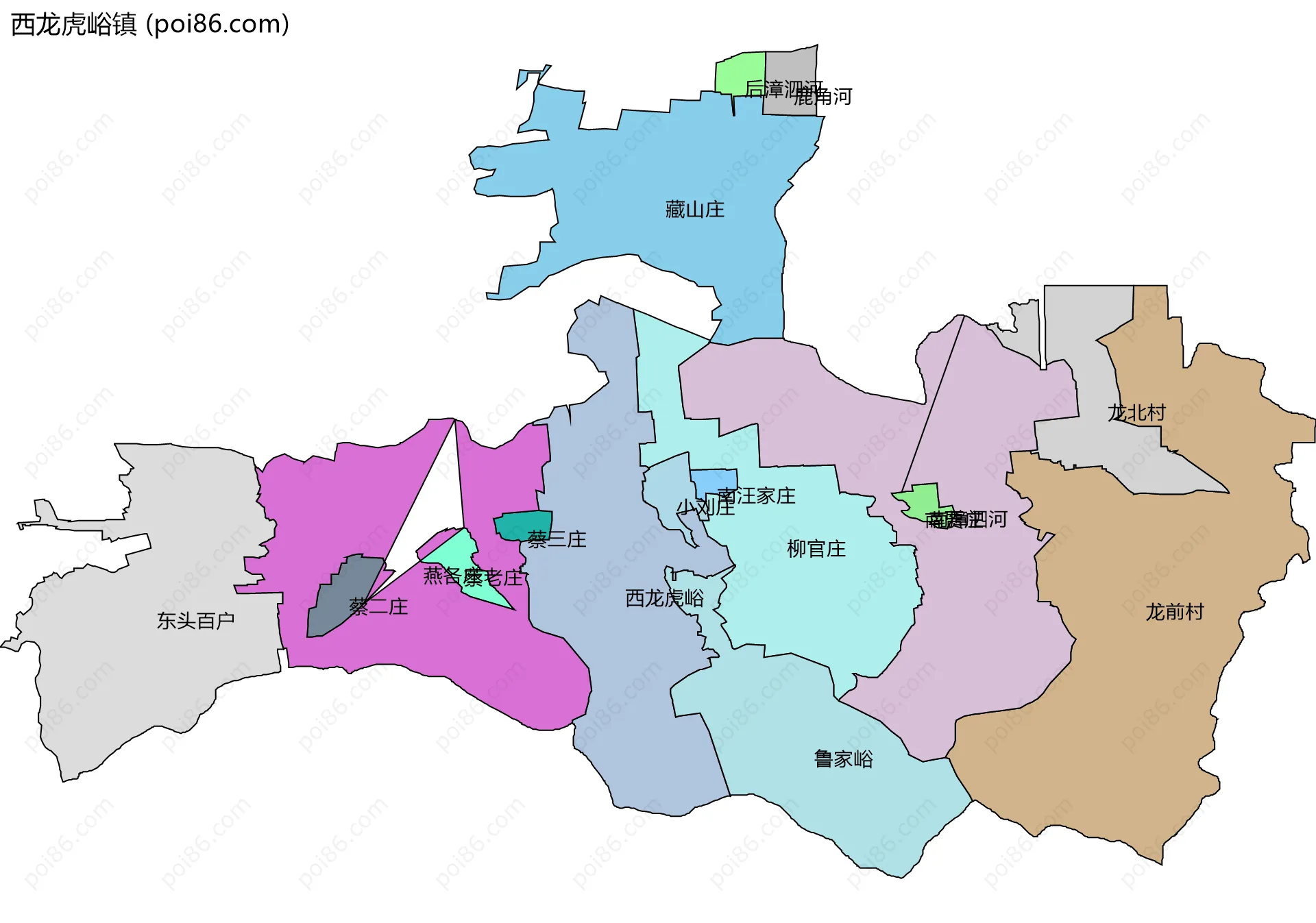 西龙虎峪镇边界地图(五级行政区划)