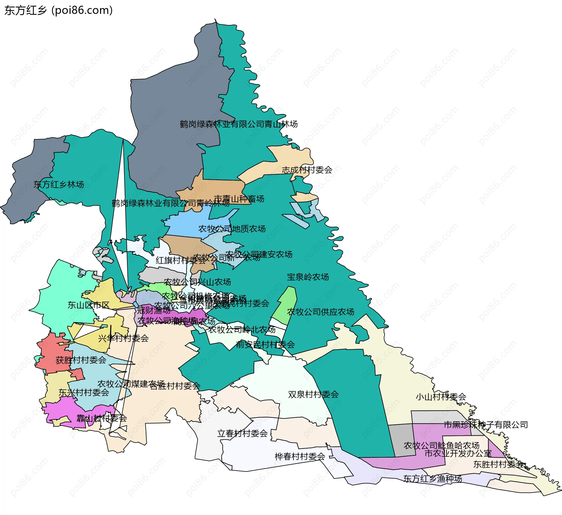 东方红乡边界地图(五级行政区划)