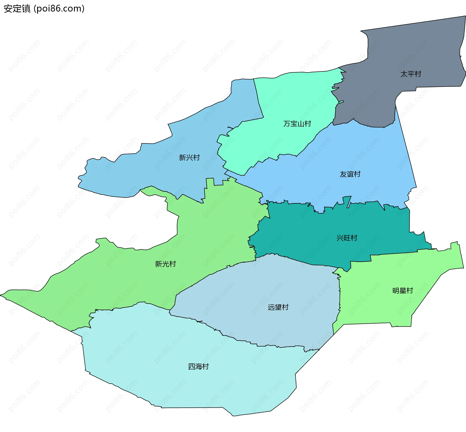 安定镇边界地图(五级行政区划)