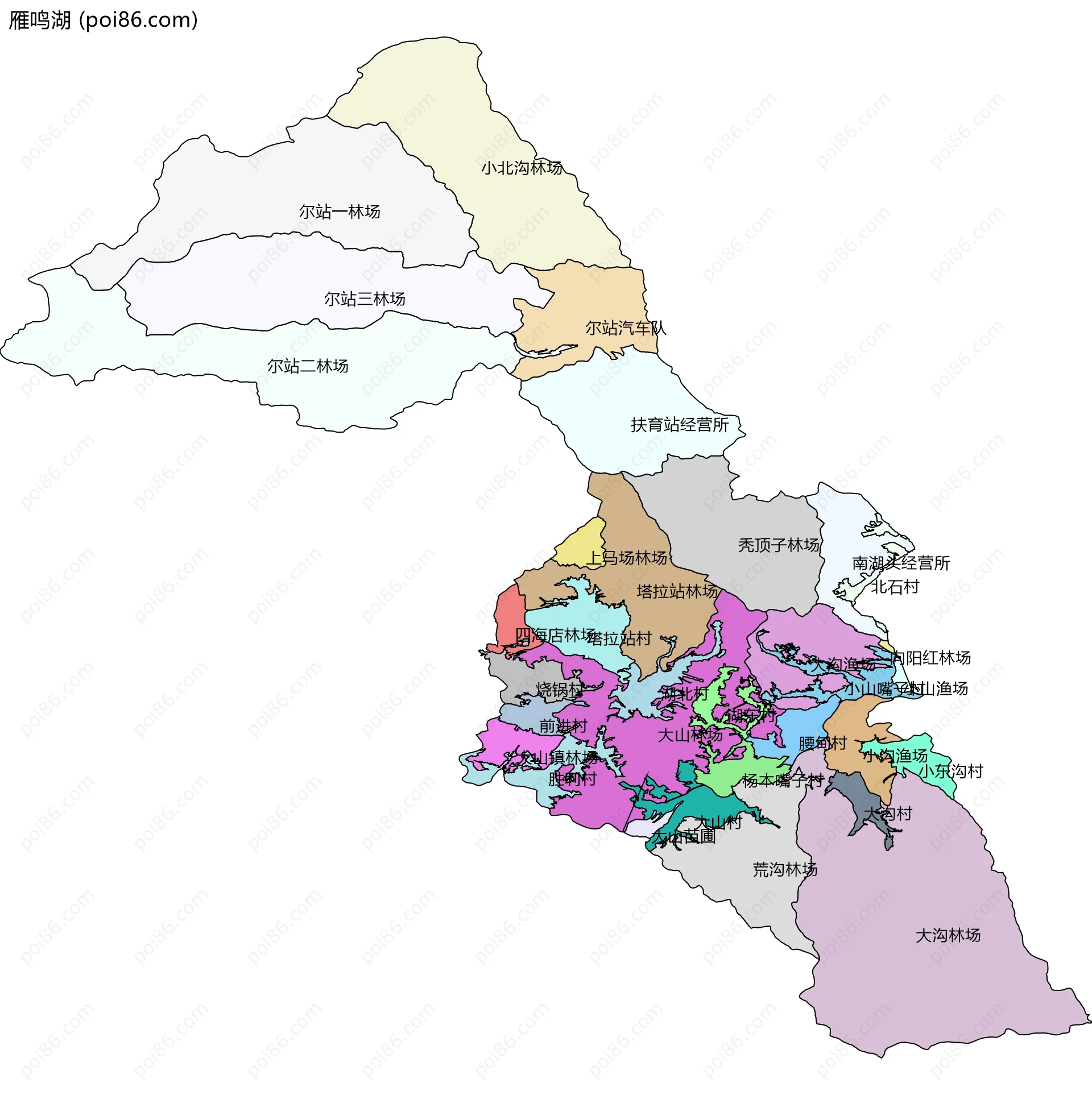 雁鸣湖边界地图(五级行政区划)