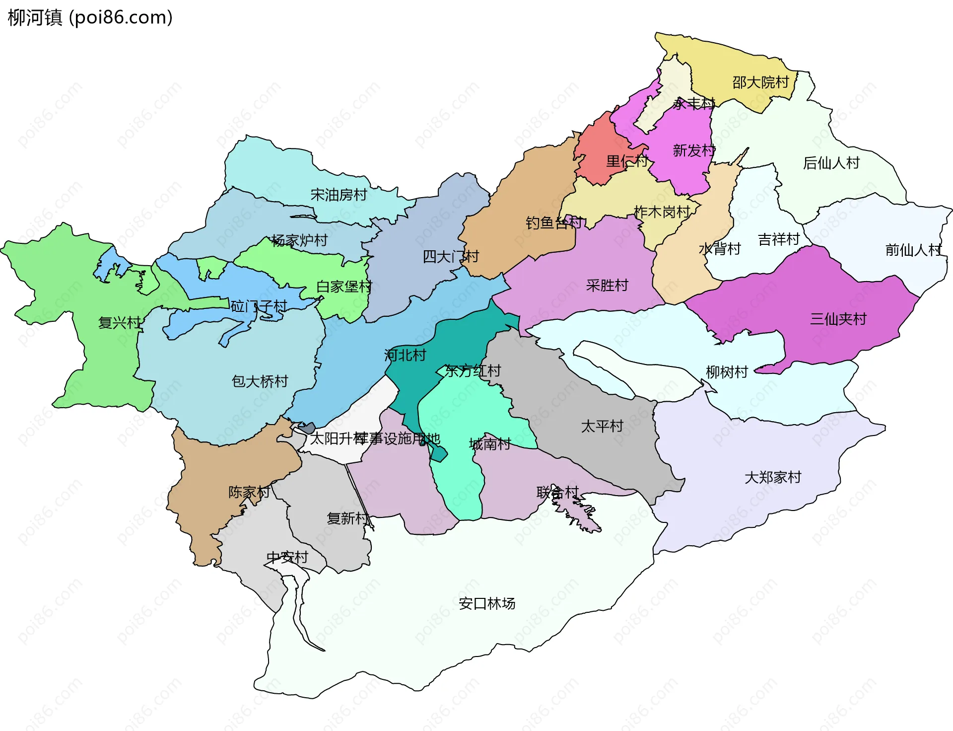柳河镇边界地图(五级行政区划)