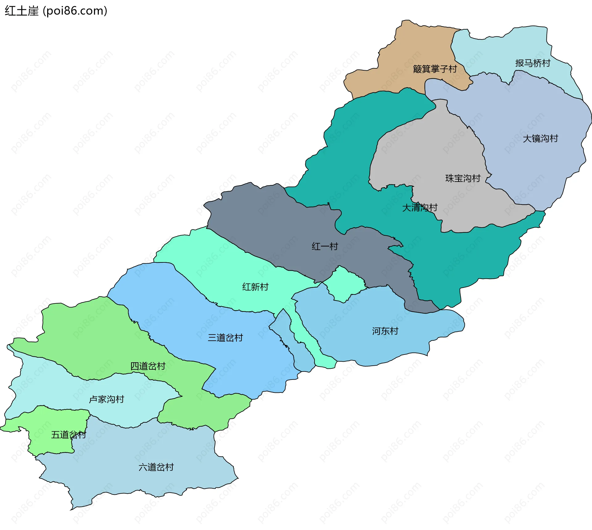 红土崖边界地图(五级行政区划)