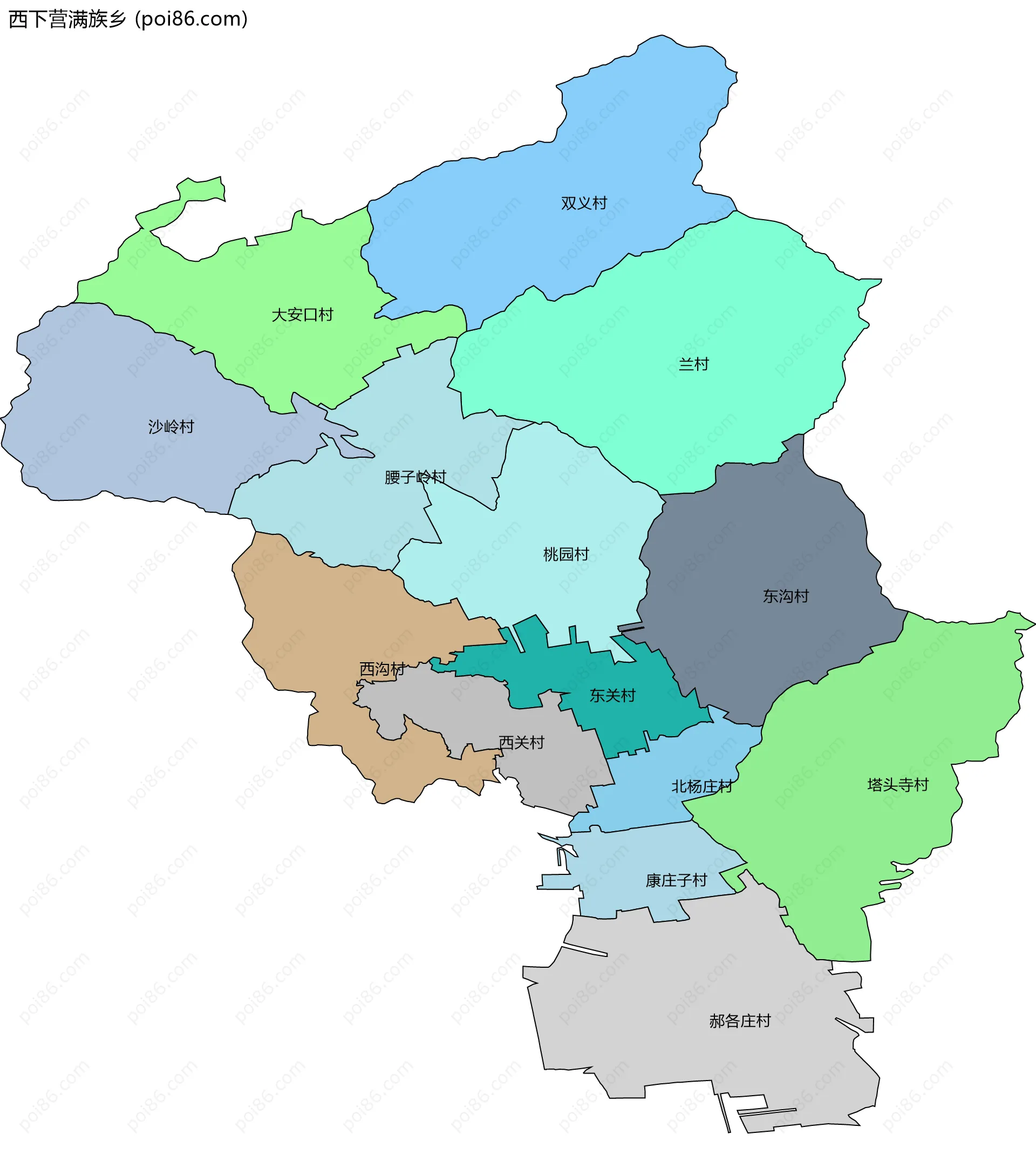 西下营满族乡边界地图(五级行政区划)