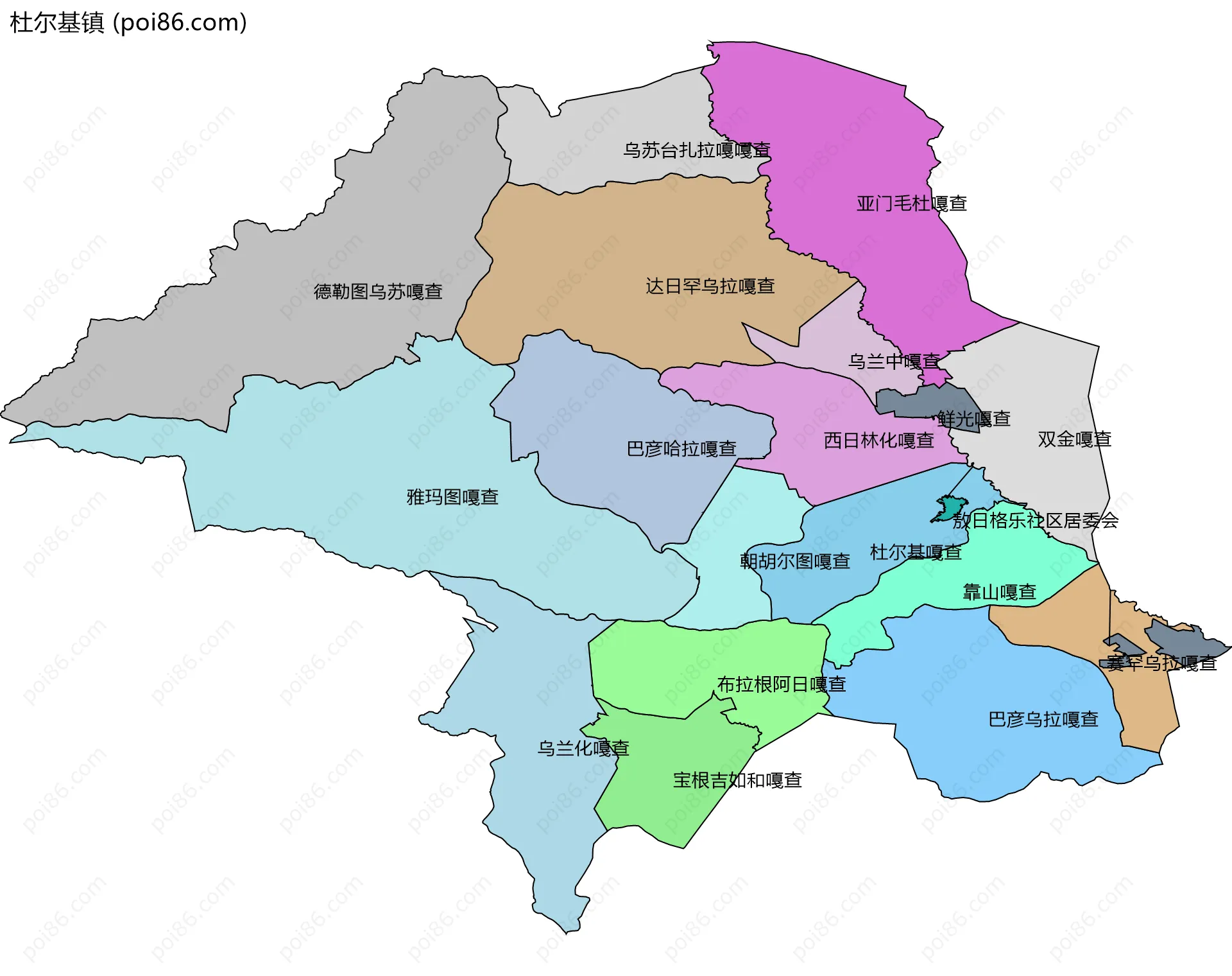 杜尔基镇边界地图(五级行政区划)