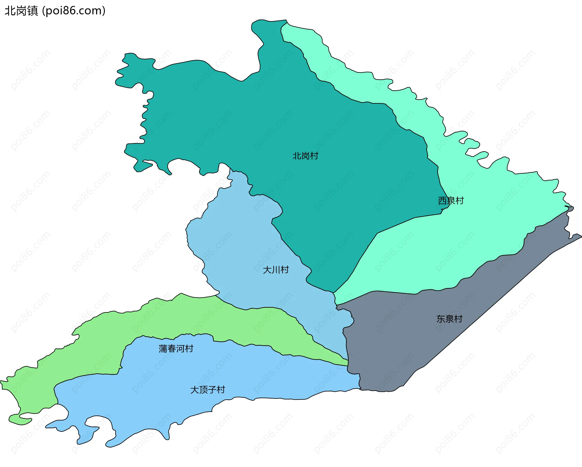 北岗镇边界地图(五级行政区划)