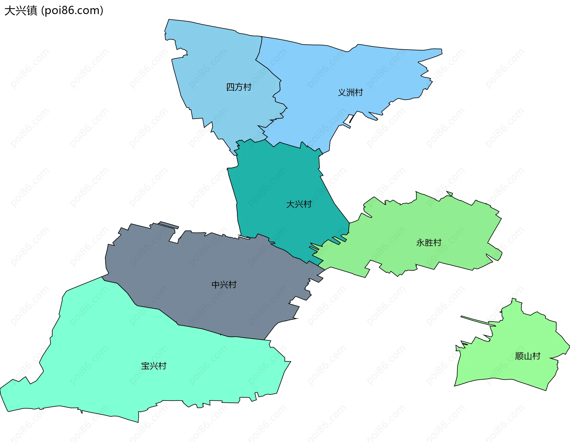 大兴镇边界地图(五级行政区划)
