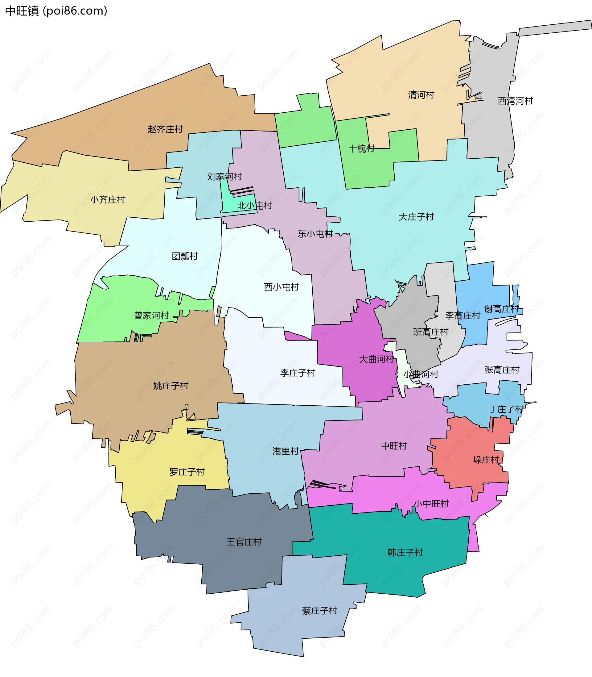 中旺镇边界地图(五级行政区划)