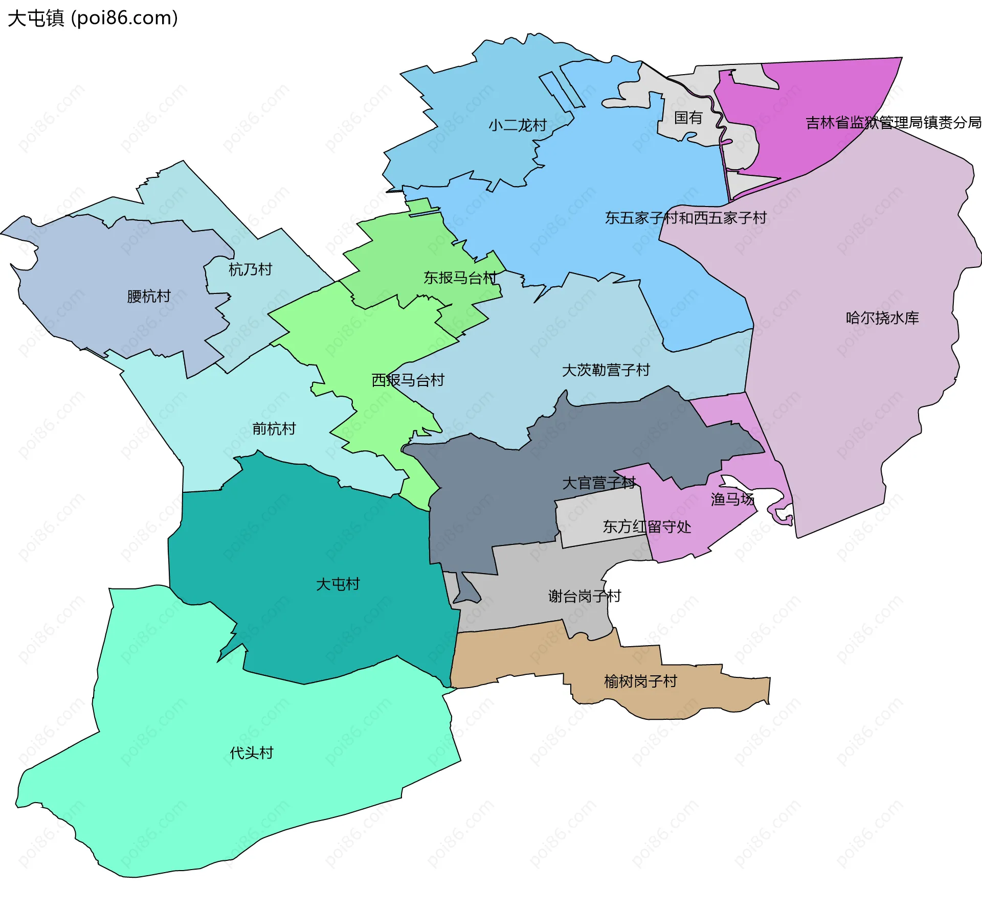 大屯镇边界地图(五级行政区划)